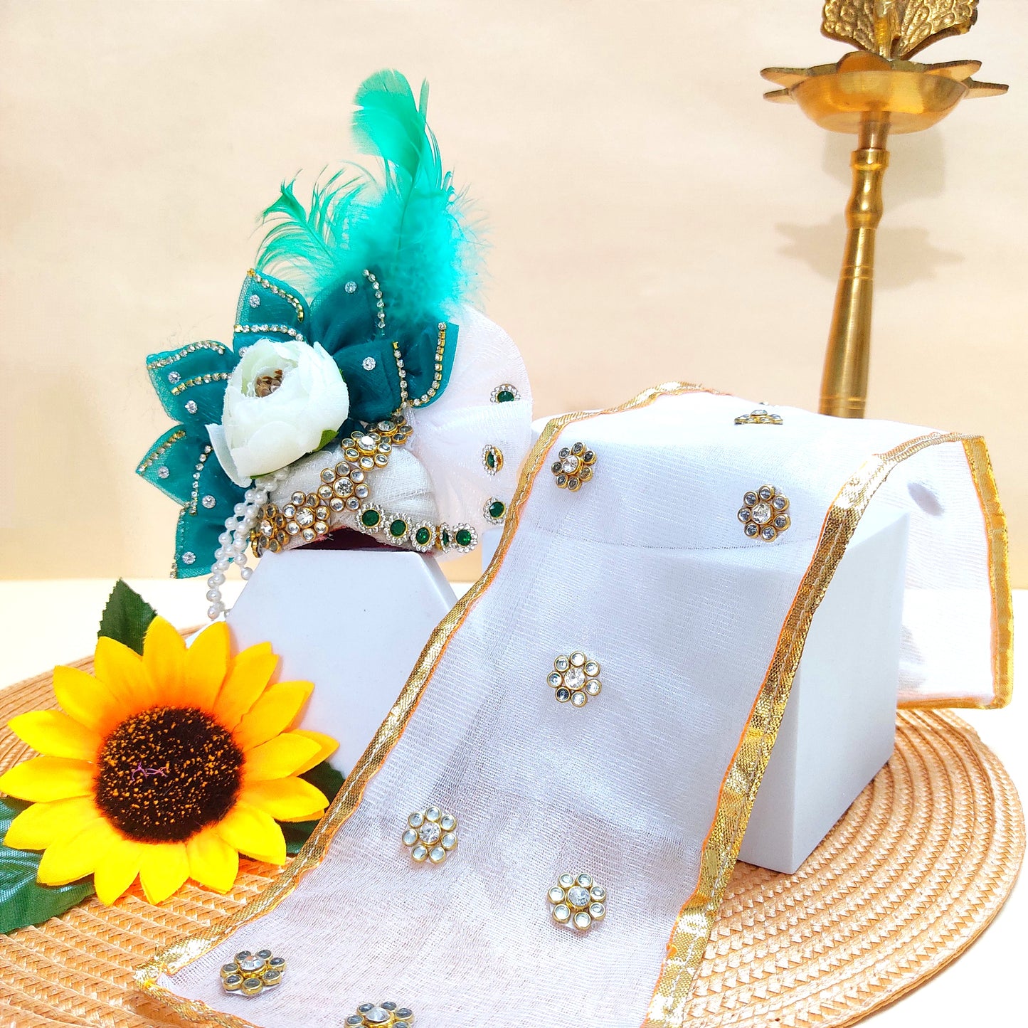 Sharad Purnima Teal & White Kanha Ji Poshak with Diamond Lace & Floral Accents with Mukut, Pataka Set, Bansuri & Full Shringar Set