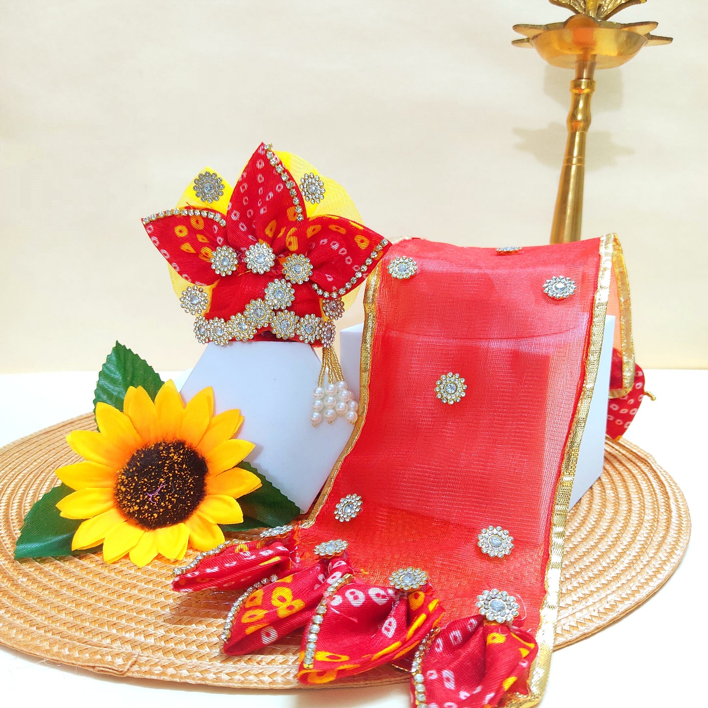 Diwali Special Traditional Bandhej Print Kanha Ji Dress with Mukut, Pataka Set, Bansuri & Full Shringar Set
