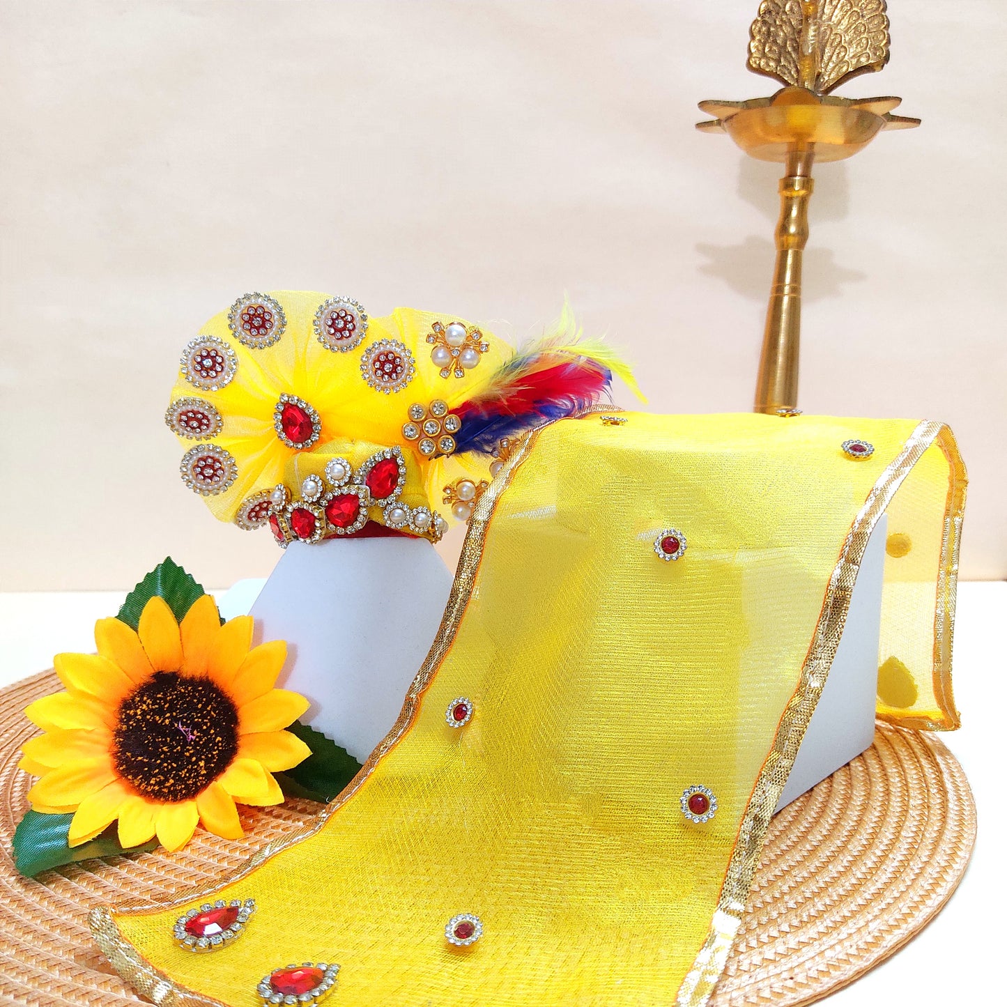 Diwali Special Yellow Laddu Gopal Poshak with 3D Pearl Balls, Zari Peacock Patches & Diamond Chain Work with Matching Mukut, Pataka Set, Bansuri & A Surprise Gift.