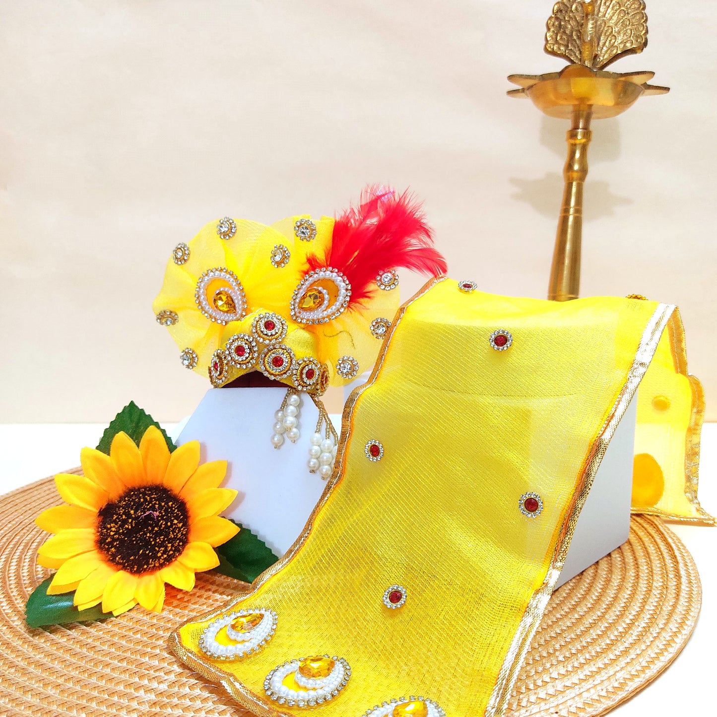 Royal Yellow Krishna Dress – Hexagon Poshak with Handmade Patches with Mukut, Pataka Set, Bansuri & Full Shringar Set
