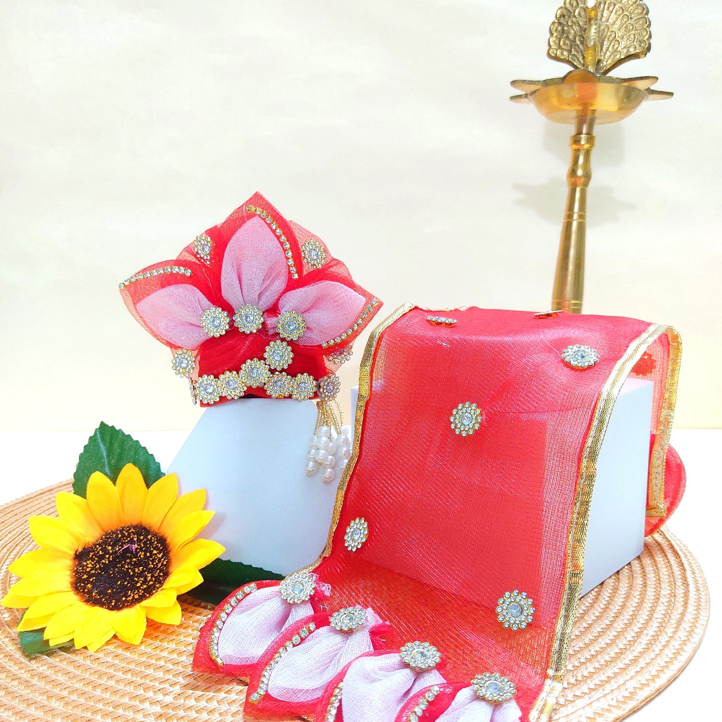 Diwali Special LED Light Up Kanha ji Dress – Two-In-One Fancy Red Laddu Gopal Dress with Mukut, Pataka Set, Bansuri & Full Shringar Set