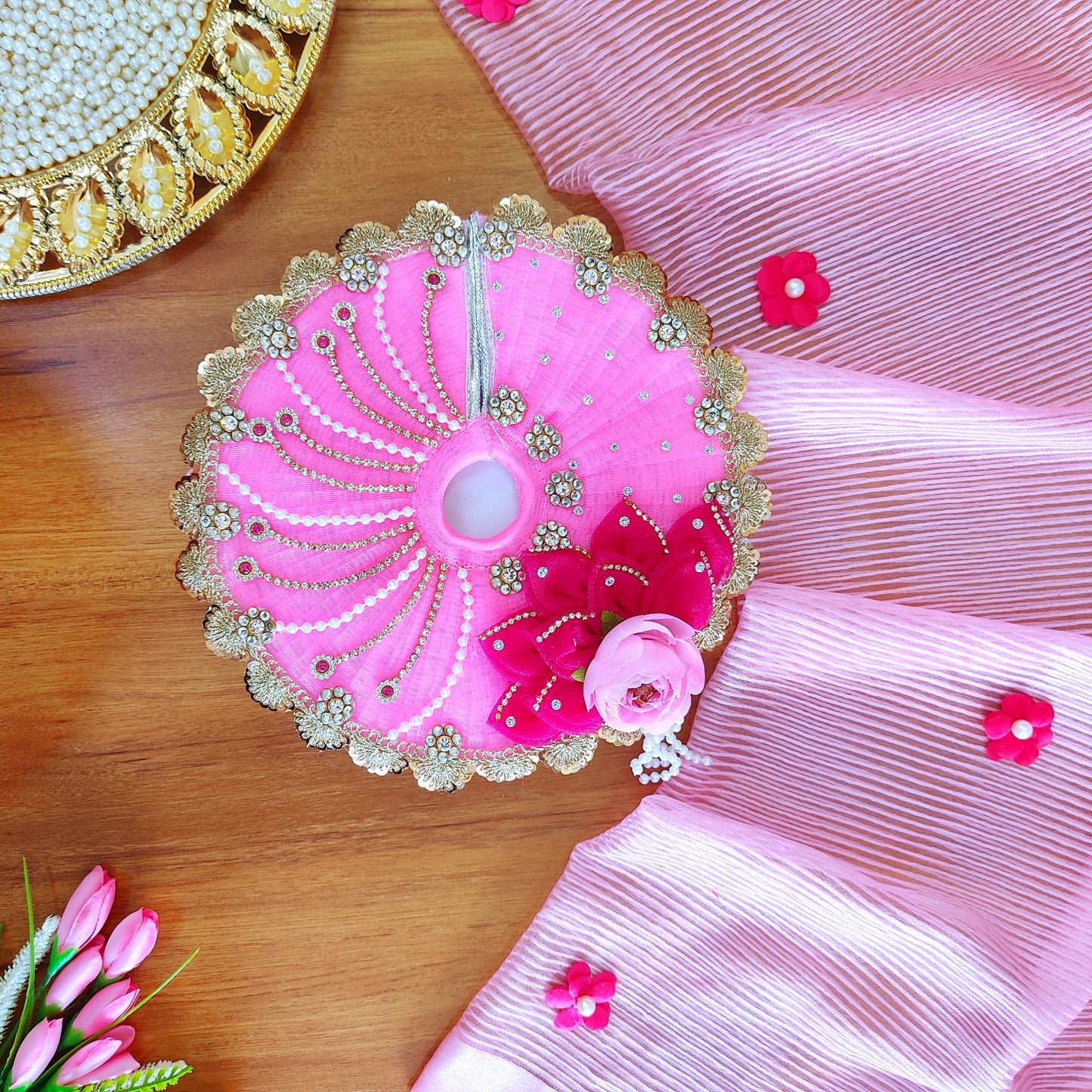 Diwali Special Divine Light Pink & Pink Kanha Ji Poshak with Diamond Lace & Floral Accents with Mukut, Pataka Set, Bansuri & Full Shringar Set