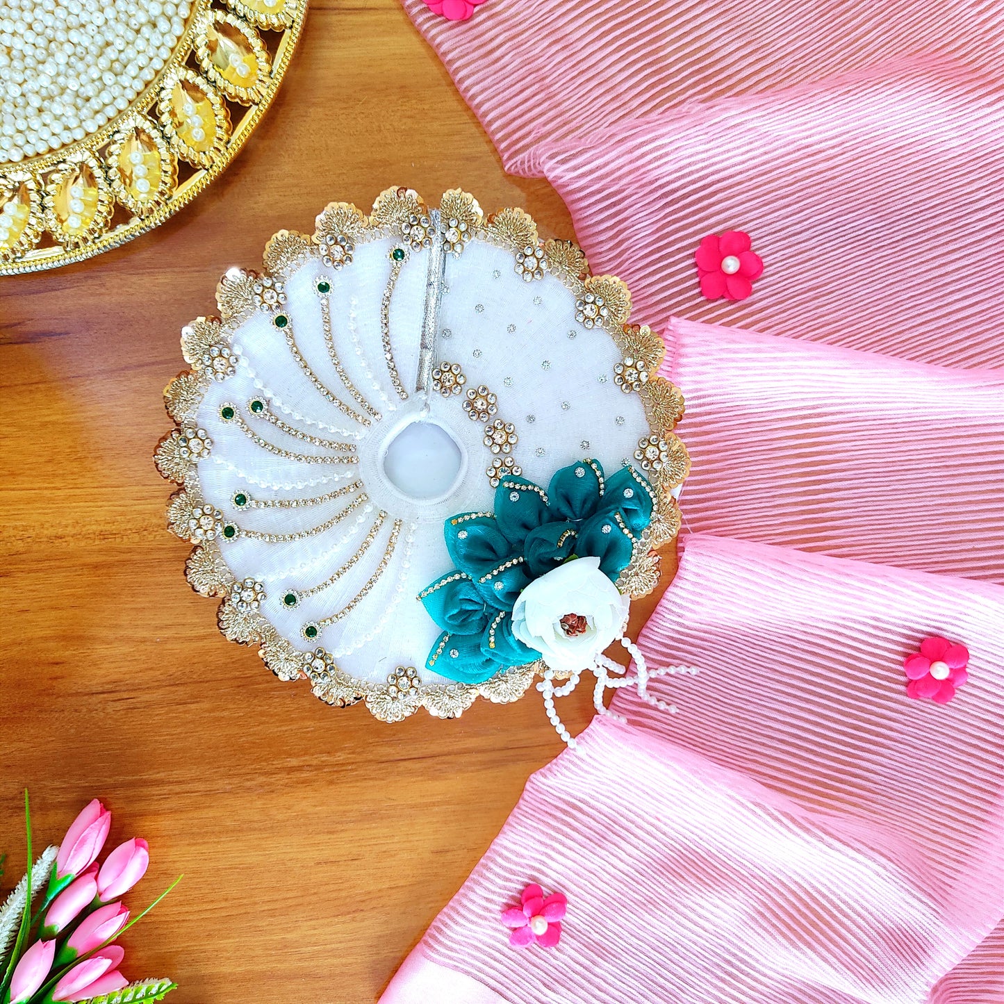 Sharad Purnima Teal & White Kanha Ji Poshak with Diamond Lace & Floral Accents with Mukut, Pataka Set, Bansuri & Full Shringar Set