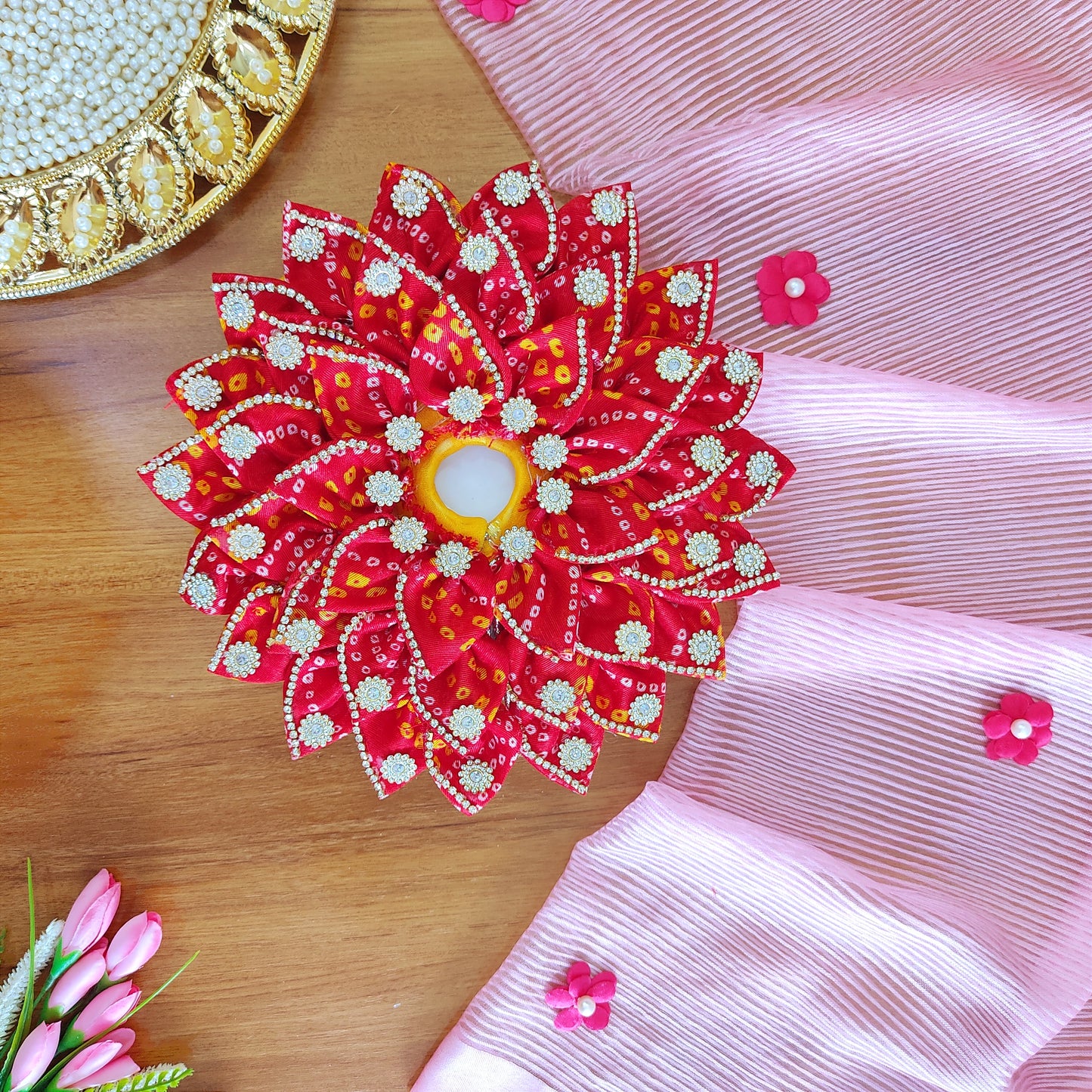 Diwali Special Traditional Bandhej Print Kanha Ji Dress with Mukut, Pataka Set, Bansuri & Full Shringar Set