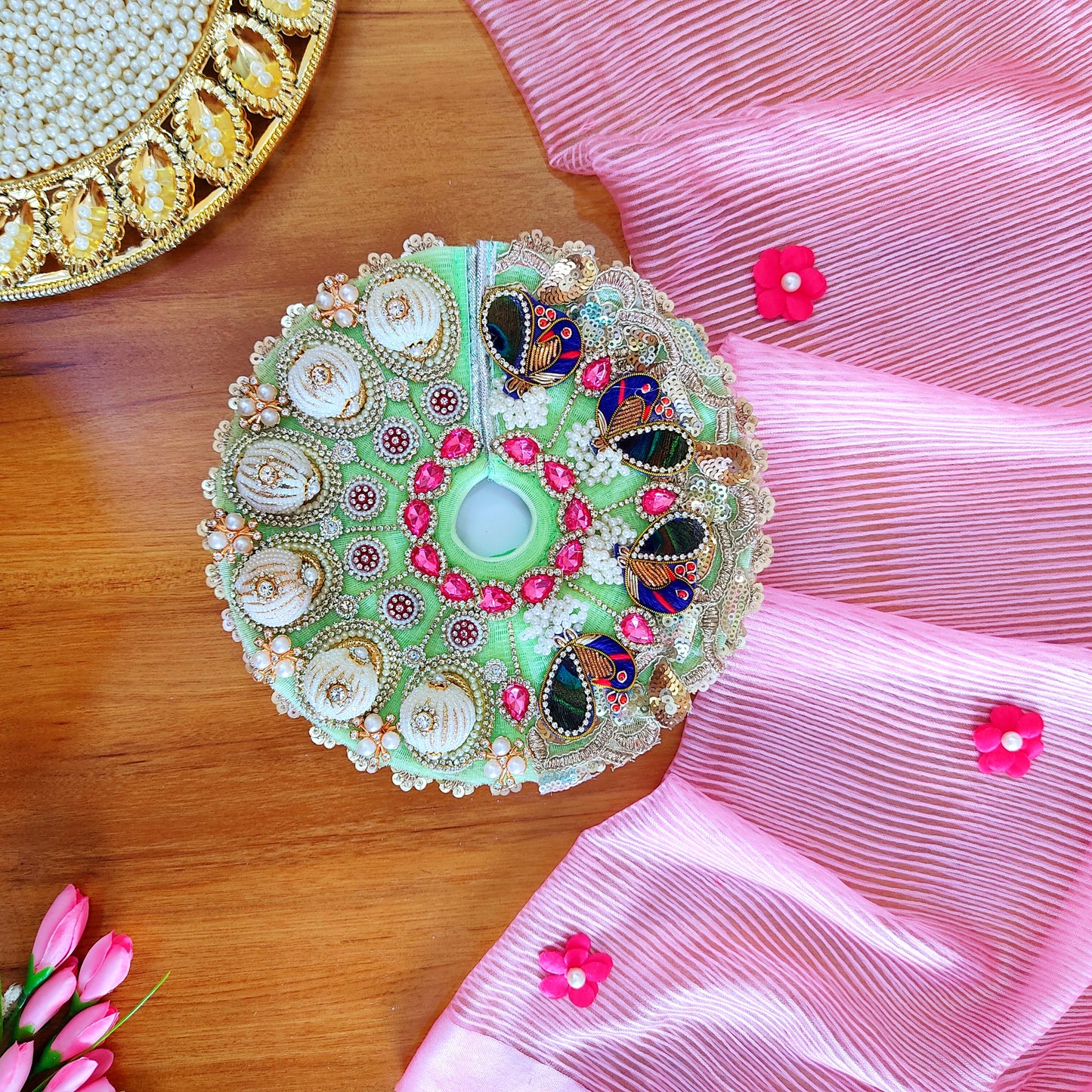 Diwali Special Green Laddu Gopal Dress with 3D Pearl Balls, Zari Peacock Patches & Diamond Chain Work with Matching Mukut, Pataka Set, Bansuri & A Surprise Gift.