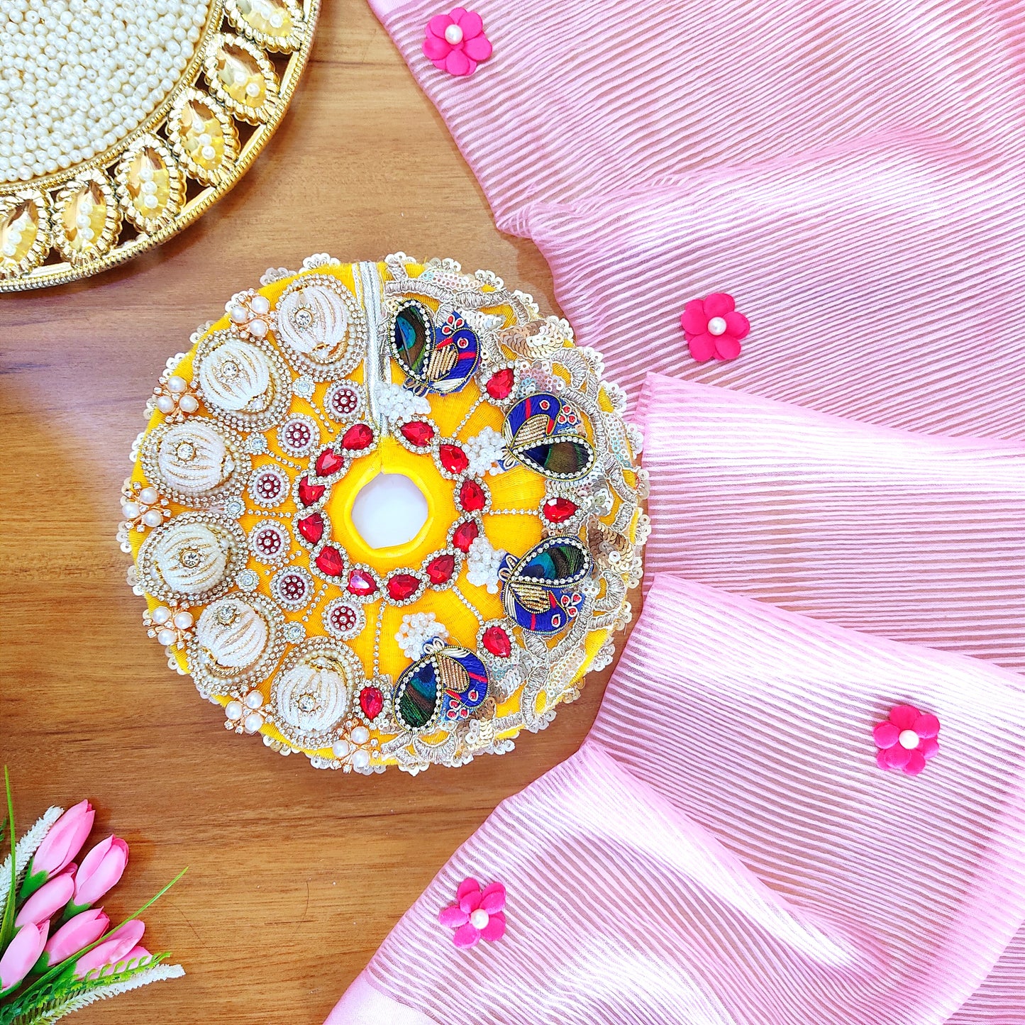 Diwali Special Yellow Laddu Gopal Poshak with 3D Pearl Balls, Zari Peacock Patches & Diamond Chain Work with Matching Mukut, Pataka Set, Bansuri & A Surprise Gift.