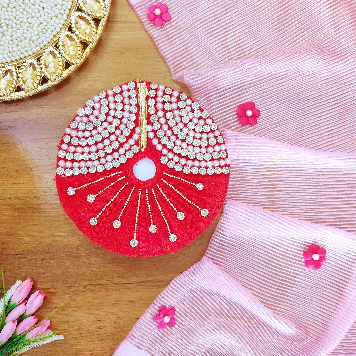 Elegant Diwali Laddu Gopal Poshak with Pearl & Diamond Chain Detailing with Mukut, Patakha Set, Bansuri & Full Shringar Set