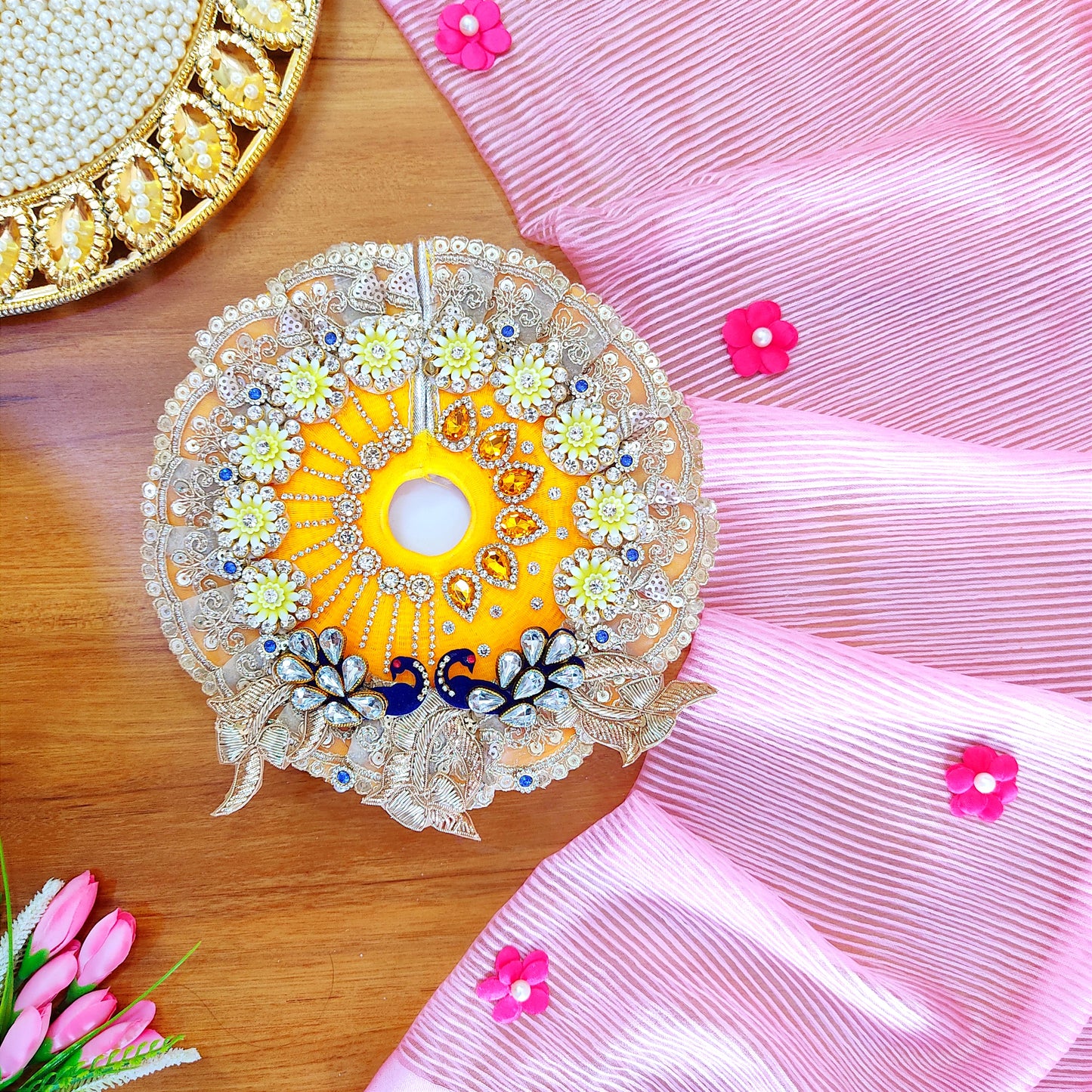 Diwali Laddu Gopal Dress with Peacock Patches & Intricate Golden Lace Work with Mukut, Pataka Set, Bansuri & Full Shringar Set