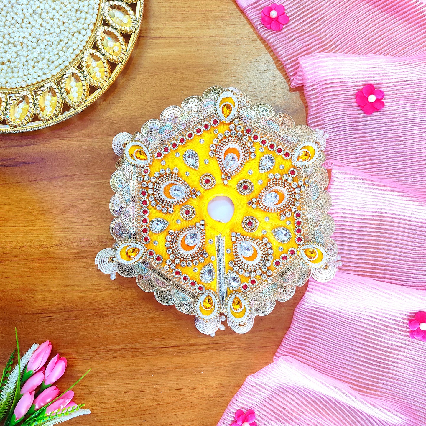 Royal Yellow Krishna Dress – Hexagon Poshak with Handmade Patches with Mukut, Pataka Set, Bansuri & Full Shringar Set