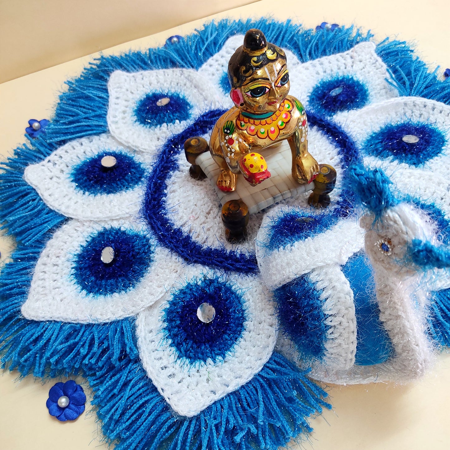 Handmade Crocheted Peacock-Inspired Blue & White Aasan for Kanha Ji | Elegant Thalposh | Sacred Table Cover & Home Decor
