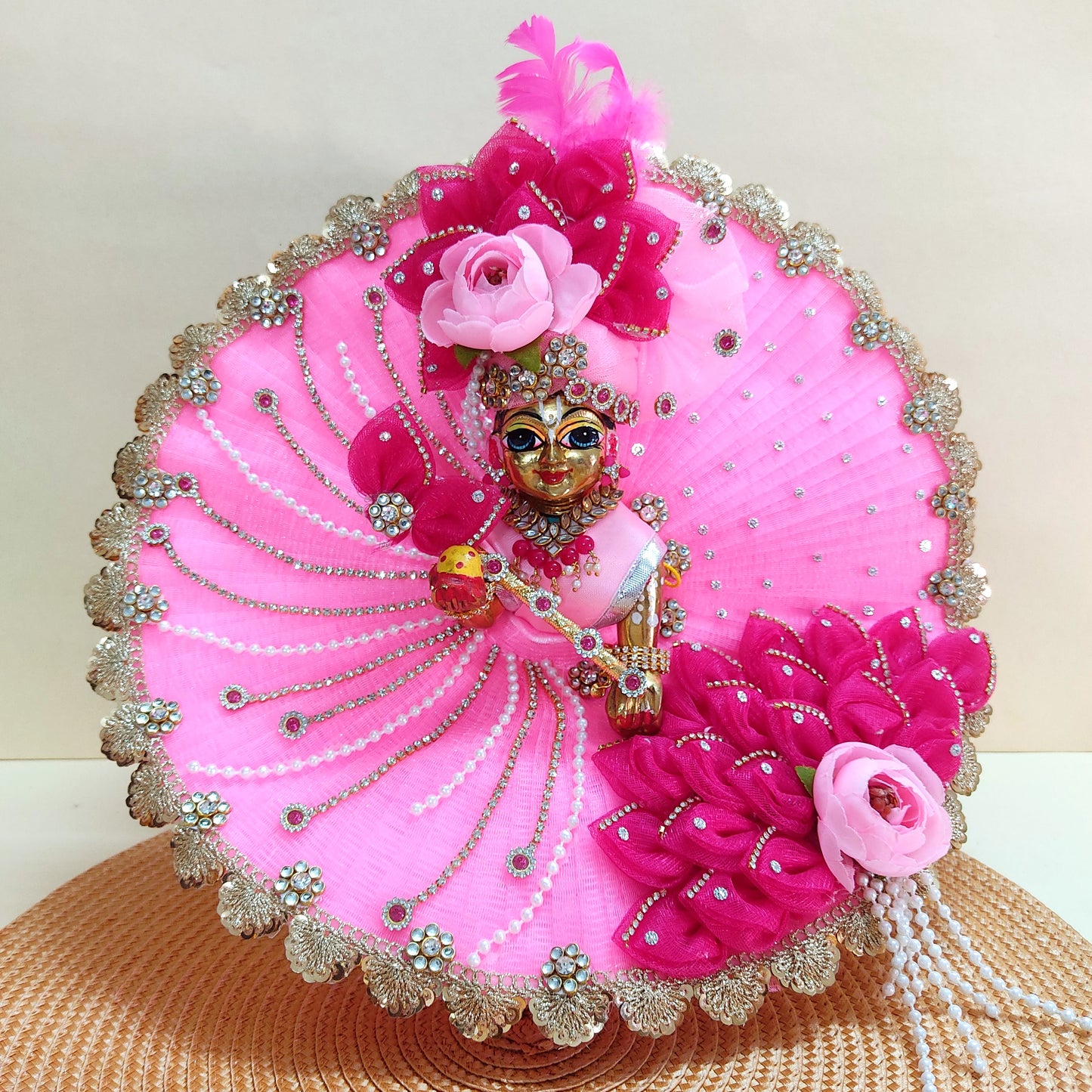 Sharad Purnima Teal & White Kanha Ji Poshak with Diamond Lace & Floral Accents with Mukut, Pataka Set, Bansuri & Full Shringar Set