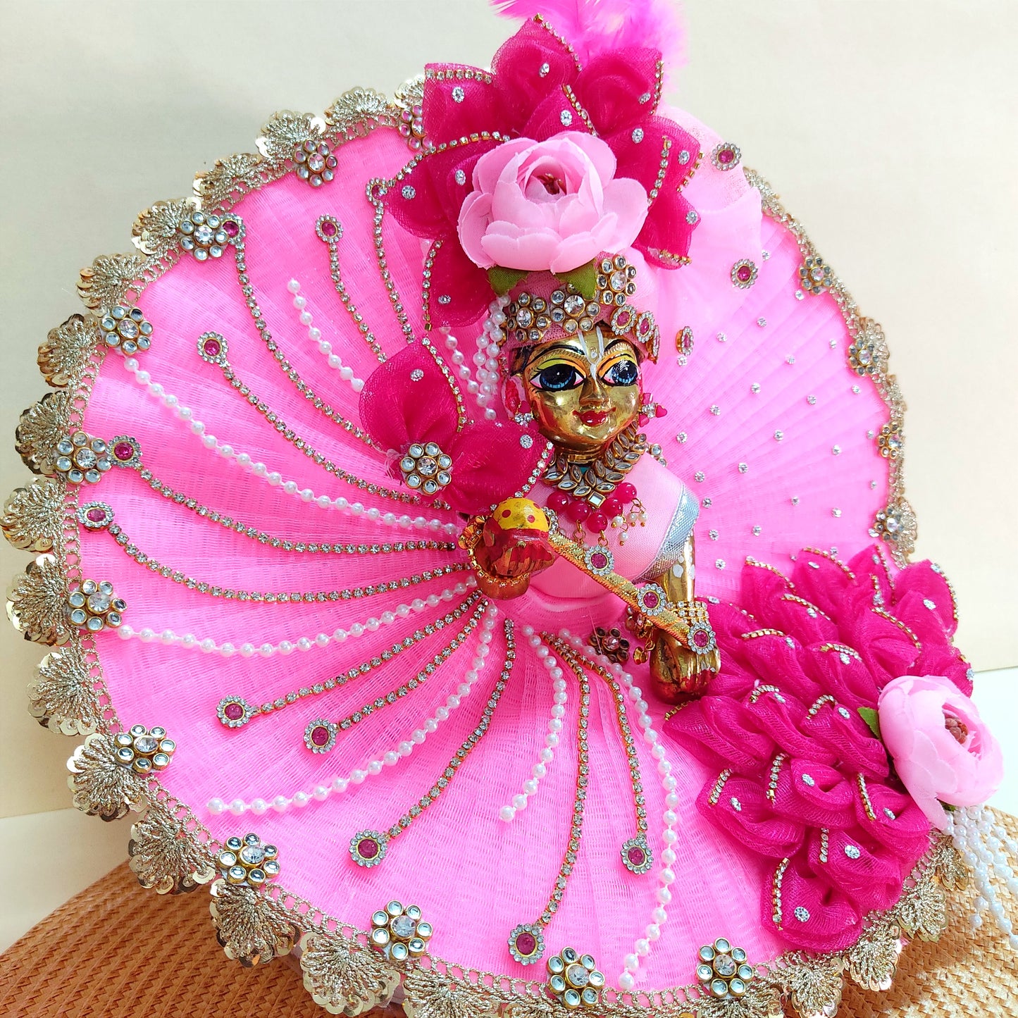 Diwali Special Divine Light Pink & Pink Kanha Ji Poshak with Diamond Lace & Floral Accents with Mukut, Pataka Set, Bansuri & Full Shringar Set