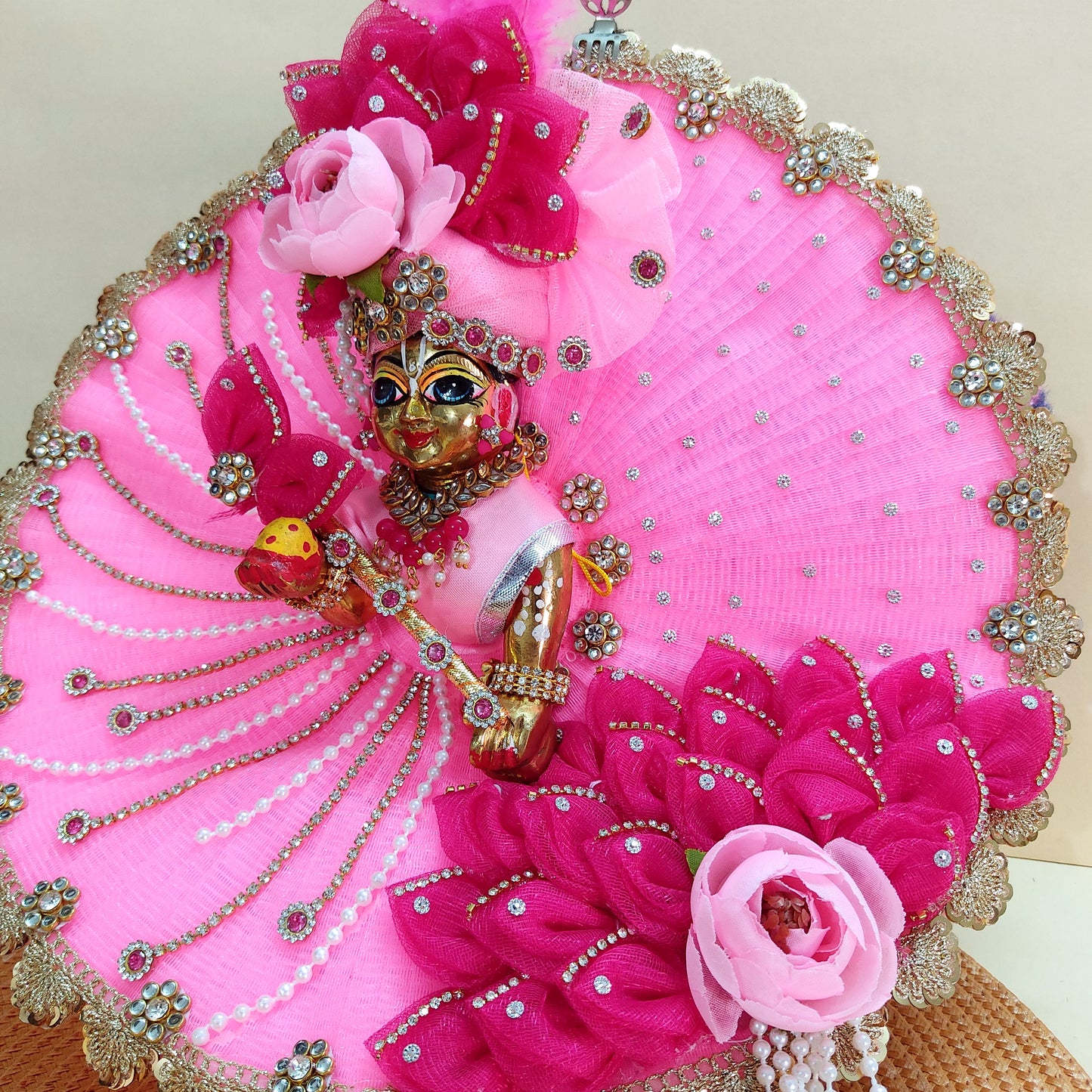 Diwali Special Divine Light Pink & Pink Kanha Ji Poshak with Diamond Lace & Floral Accents with Mukut, Pataka Set, Bansuri & Full Shringar Set