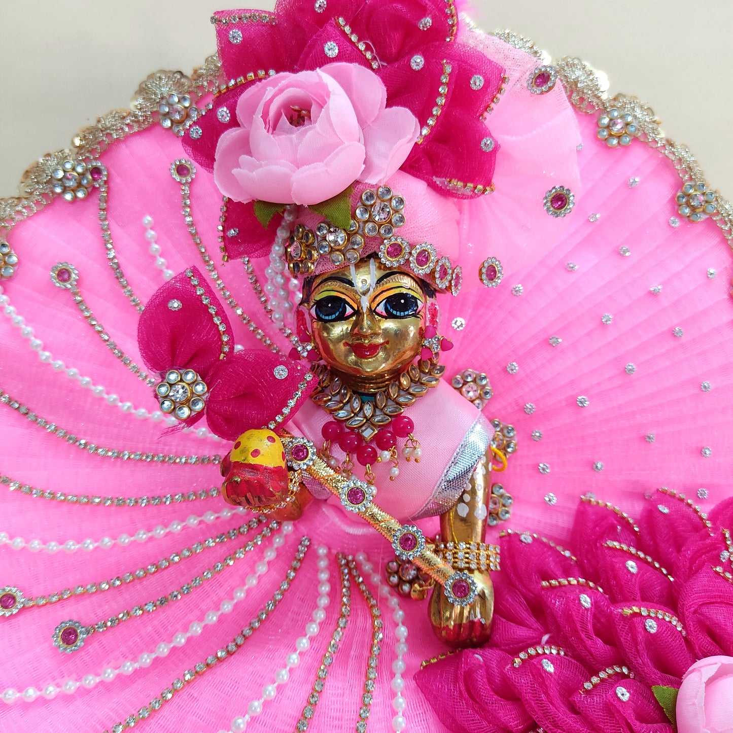 Diwali Special Divine Light Pink & Pink Kanha Ji Poshak with Diamond Lace & Floral Accents with Mukut, Pataka Set, Bansuri & Full Shringar Set