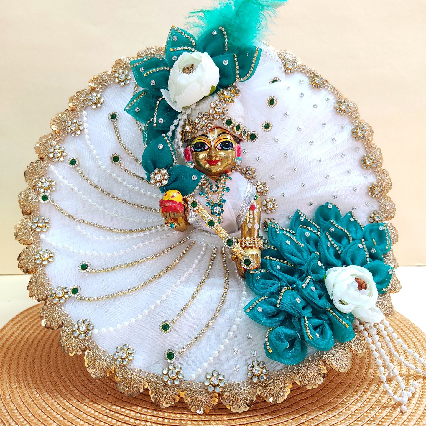 Sharad Purnima Teal & White Kanha Ji Poshak with Diamond Lace & Floral Accents with Mukut, Pataka Set, Bansuri & Full Shringar Set