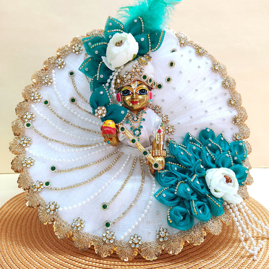 Sharad Purnima Teal & White Kanha Ji Poshak with Diamond Lace & Floral Accents with Mukut, Pataka Set, Bansuri & Full Shringar Set