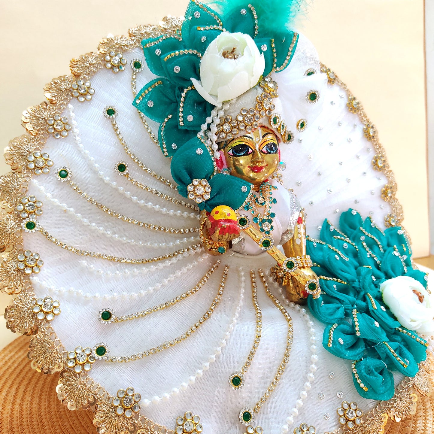 Sharad Purnima Teal & White Kanha Ji Poshak with Diamond Lace & Floral Accents with Mukut, Pataka Set, Bansuri & Full Shringar Set