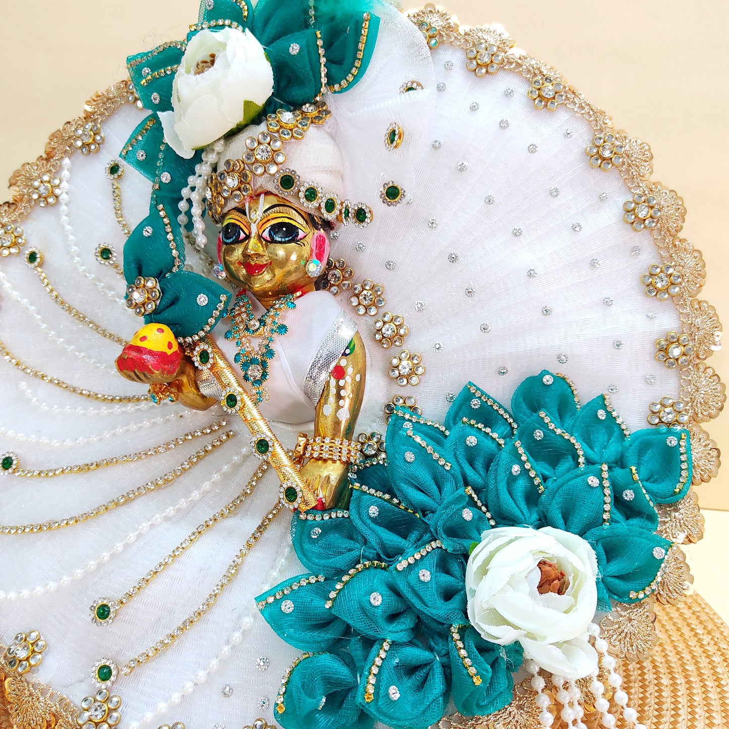 Sharad Purnima Teal & White Kanha Ji Poshak with Diamond Lace & Floral Accents with Mukut, Pataka Set, Bansuri & Full Shringar Set