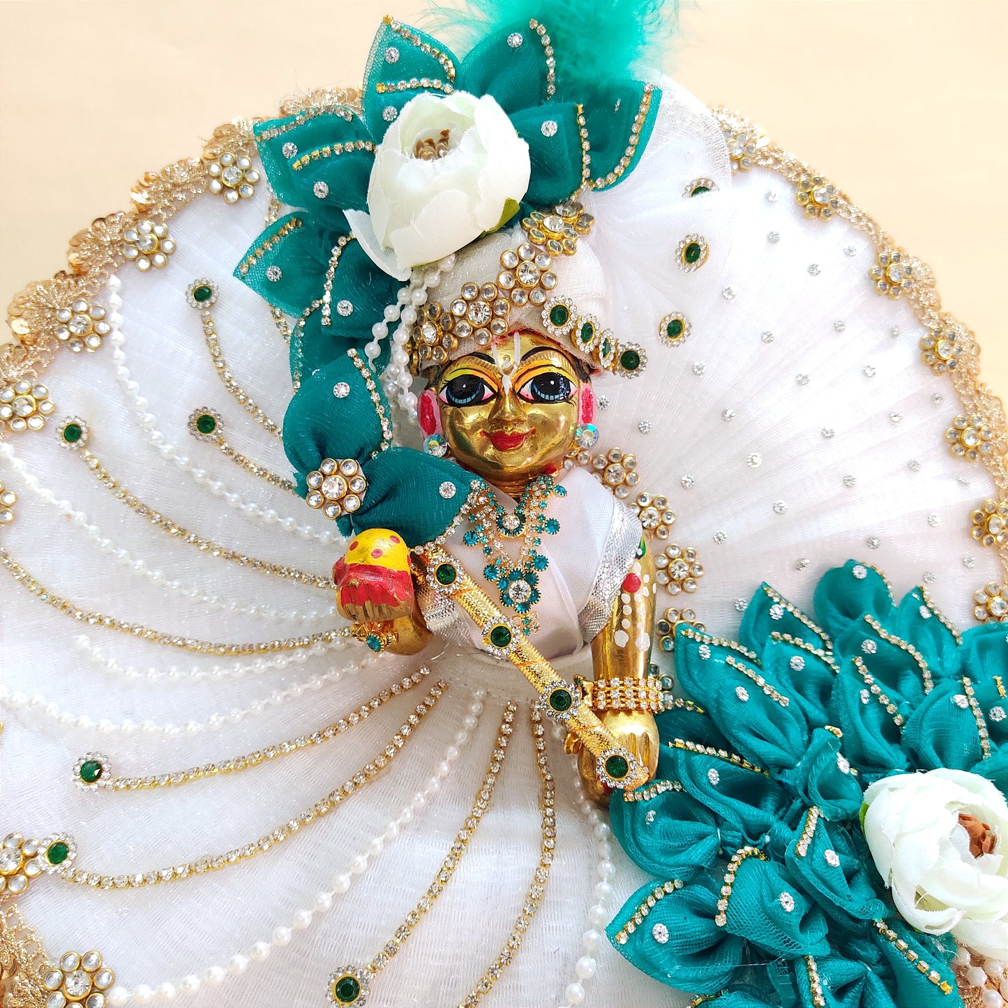 Sharad Purnima Teal & White Kanha Ji Poshak with Diamond Lace & Floral Accents with Mukut, Pataka Set, Bansuri & Full Shringar Set