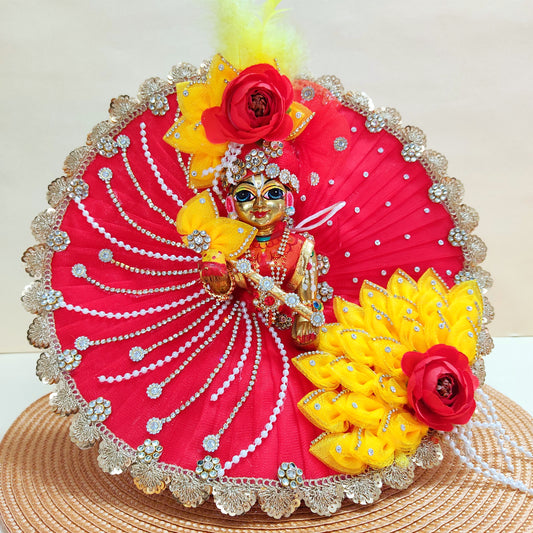 Diwali Special Red & Yellow Kanha Ji Poshak with Diamond Lace & Floral Accents with Mukut, Pataka Set, Bansuri & Full Shringar Set