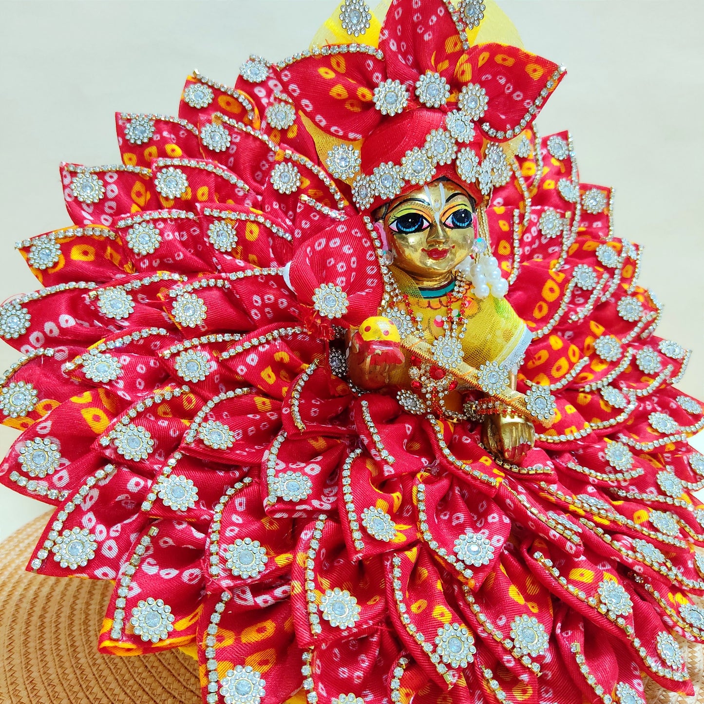 Diwali Special Traditional Bandhej Print Kanha Ji Dress with Mukut, Pataka Set, Bansuri & Full Shringar Set