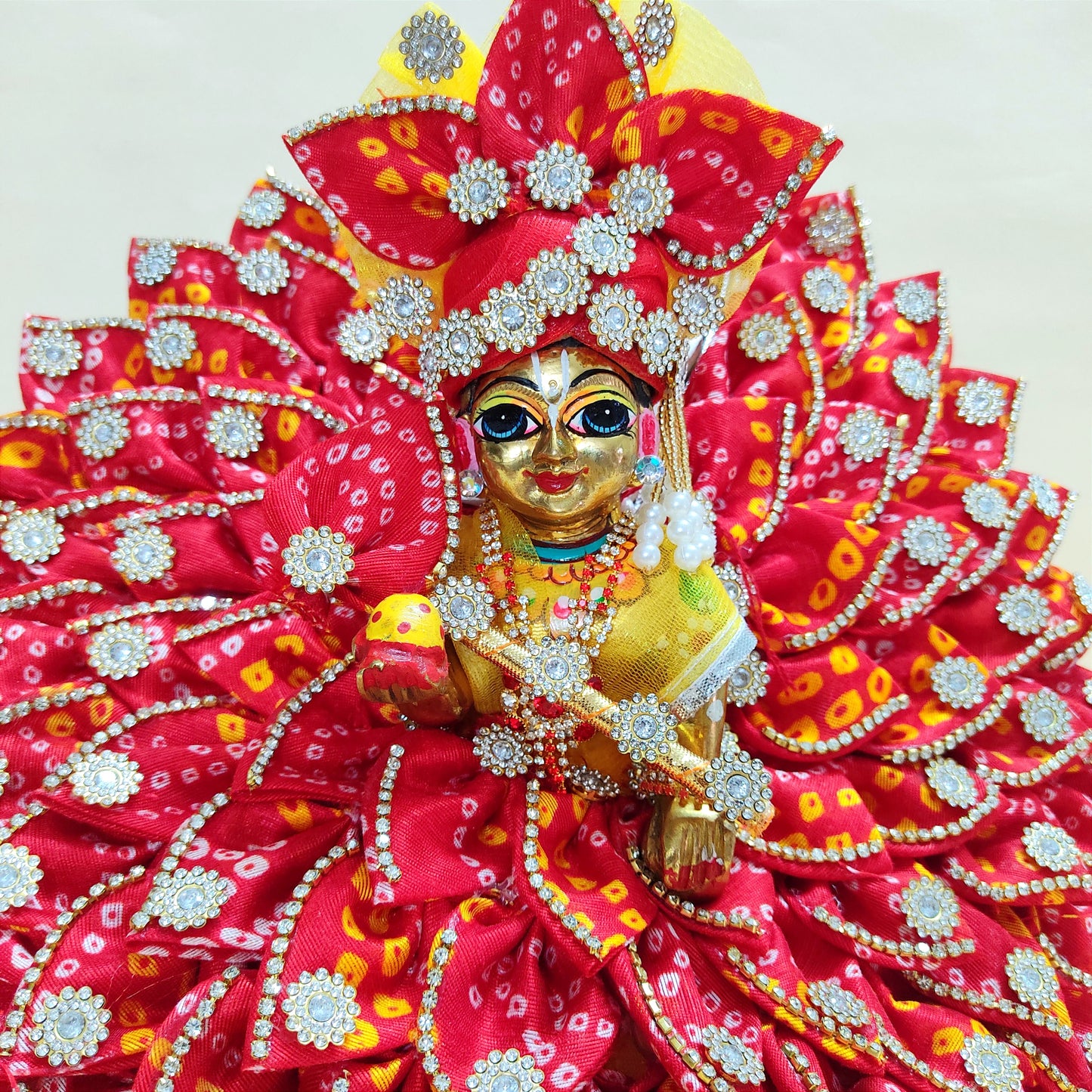 Diwali Special Traditional Bandhej Print Kanha Ji Dress with Mukut, Pataka Set, Bansuri & Full Shringar Set