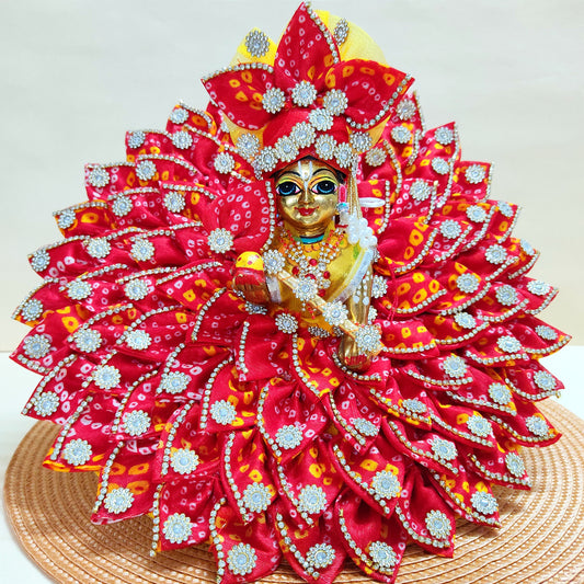 Diwali Special Traditional Bandhej Print Kanha Ji Dress with Mukut, Pataka Set, Bansuri & Full Shringar Set