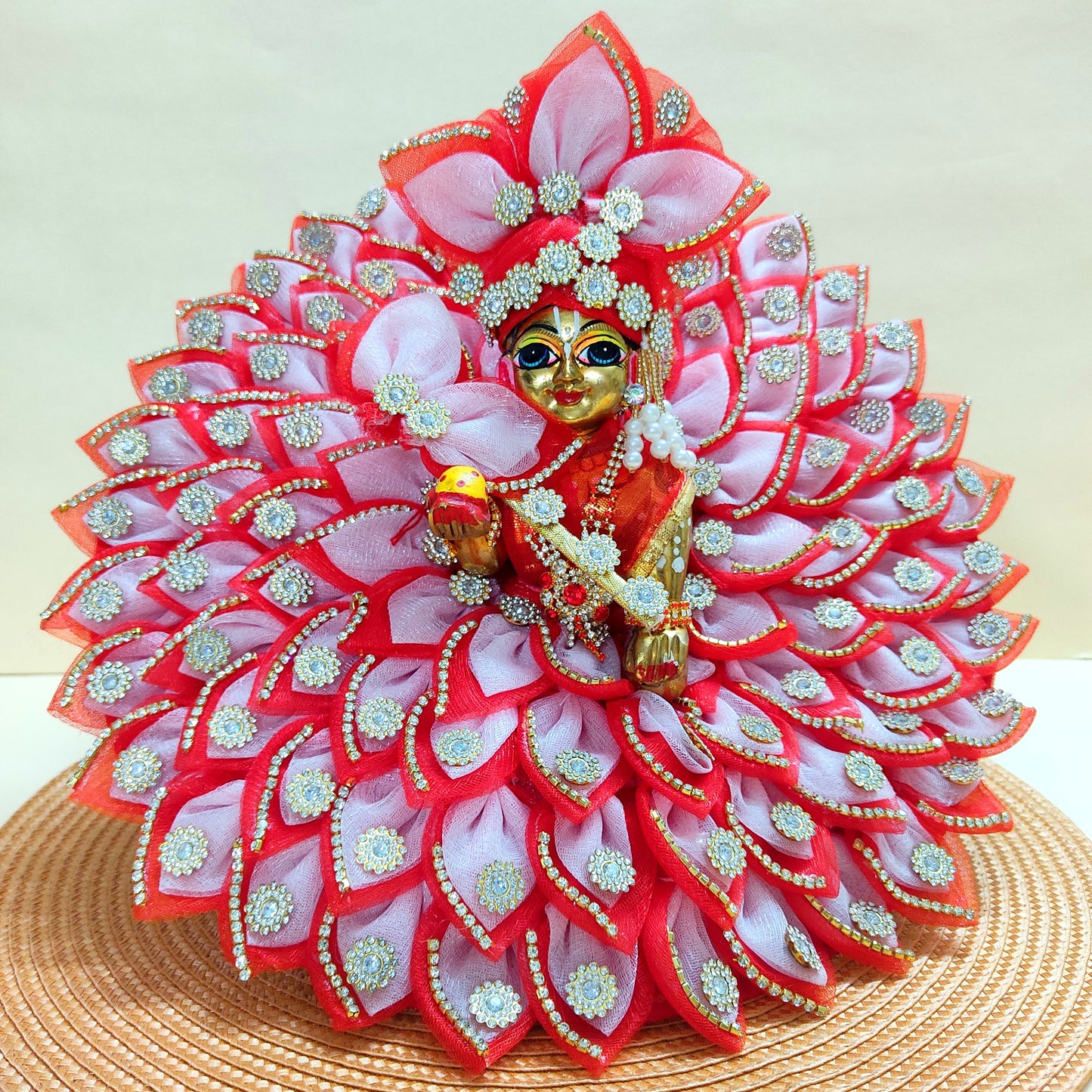 Diwali Special LED Light Up Kanha ji Dress – Two-In-One Fancy Red & Yellow Laddu Gopal Dress with Mukut, Pataka Set, Bansuri & Full Shringar Set