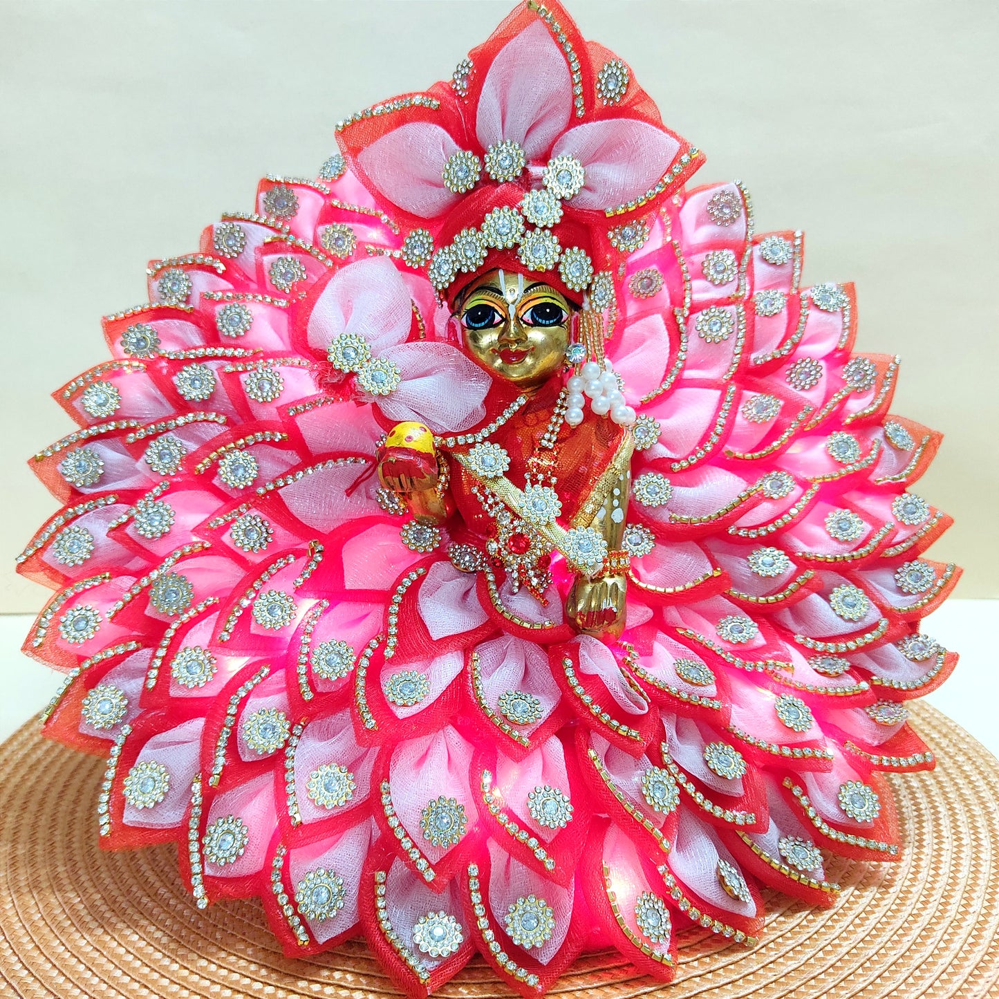Diwali Special LED Light Up Kanha ji Dress – Two-In-One Fancy Red Laddu Gopal Dress with Mukut, Pataka Set, Bansuri & Full Shringar Set
