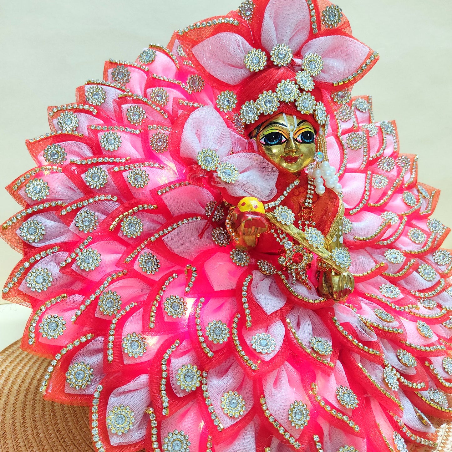 Diwali Special LED Light Up Kanha ji Dress – Two-In-One Fancy Red Laddu Gopal Dress with Mukut, Pataka Set, Bansuri & Full Shringar Set