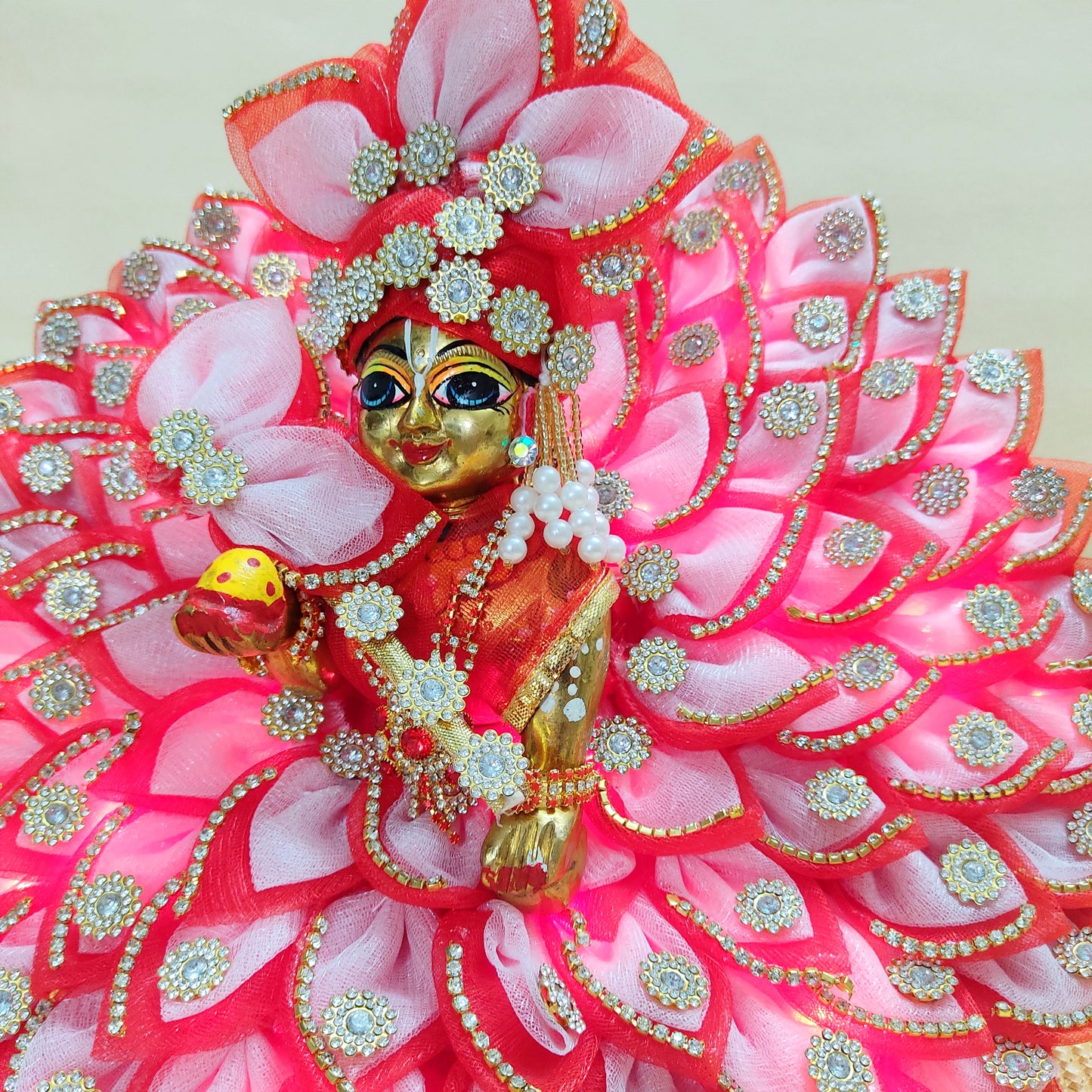 Diwali Special LED Light Up Kanha ji Dress – Two-In-One Fancy Red Laddu Gopal Dress with Mukut, Pataka Set, Bansuri & Full Shringar Set