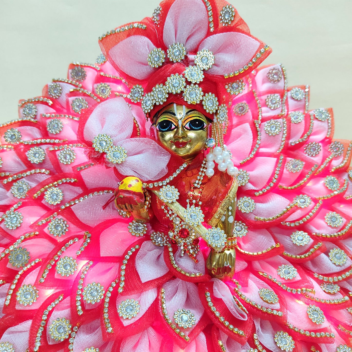 Diwali Special LED Light Up Kanha ji Dress – Two-In-One Fancy Red Laddu Gopal Dress with Mukut, Pataka Set, Bansuri & Full Shringar Set