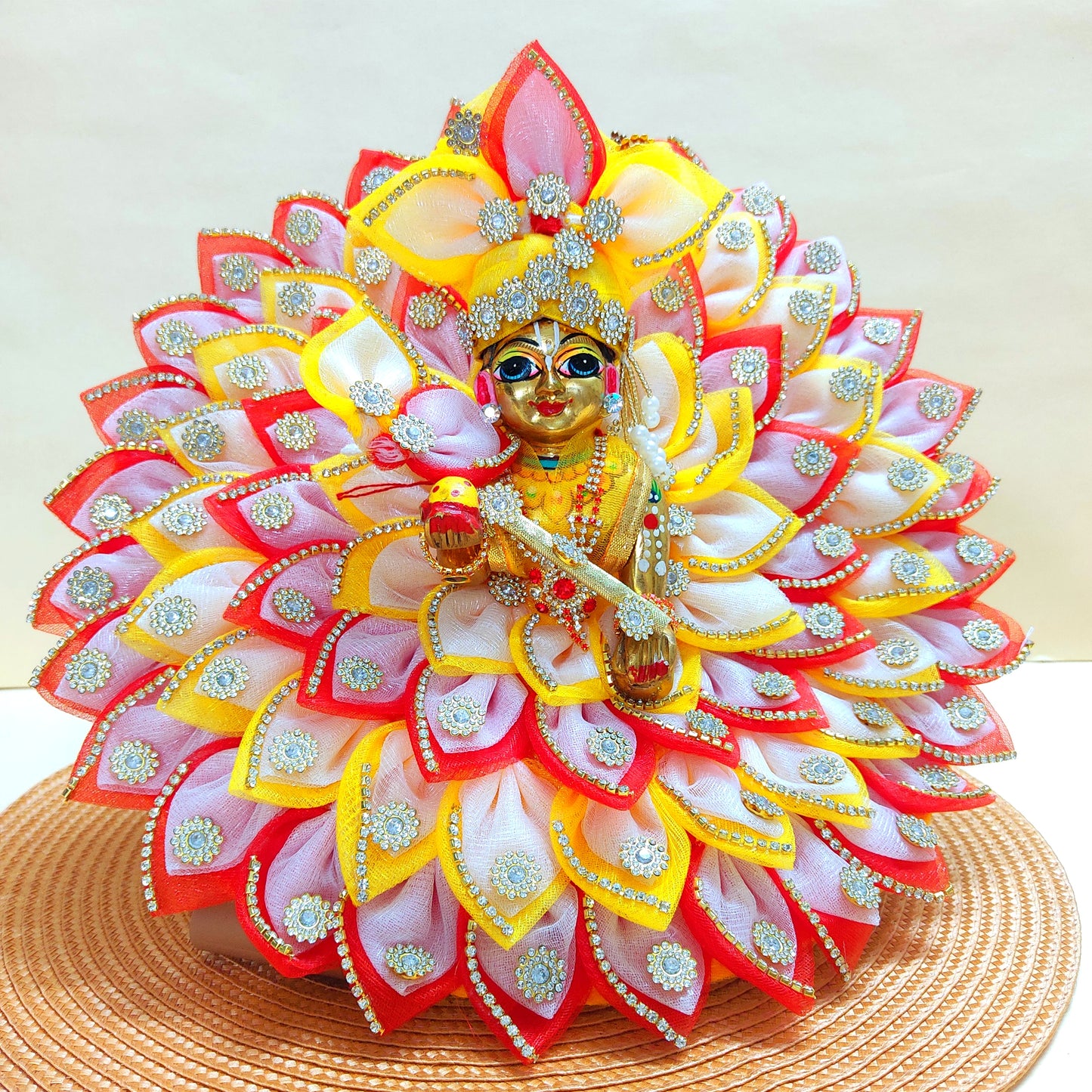 Diwali Special LED Light Up Kanha ji Dress – Two-In-One Fancy Red & Yellow Laddu Gopal Dress with Mukut, Pataka Set, Bansuri & Full Shringar Set