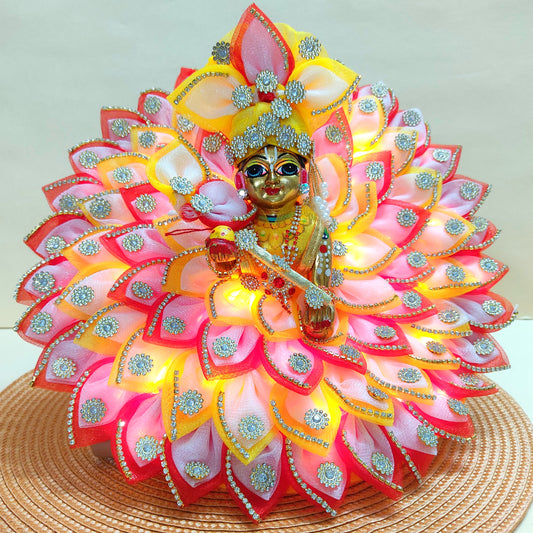 Diwali Special LED Light Up Kanha ji Dress – Two-In-One Fancy Red & Yellow Laddu Gopal Dress with Mukut, Pataka Set, Bansuri & Full Shringar Set