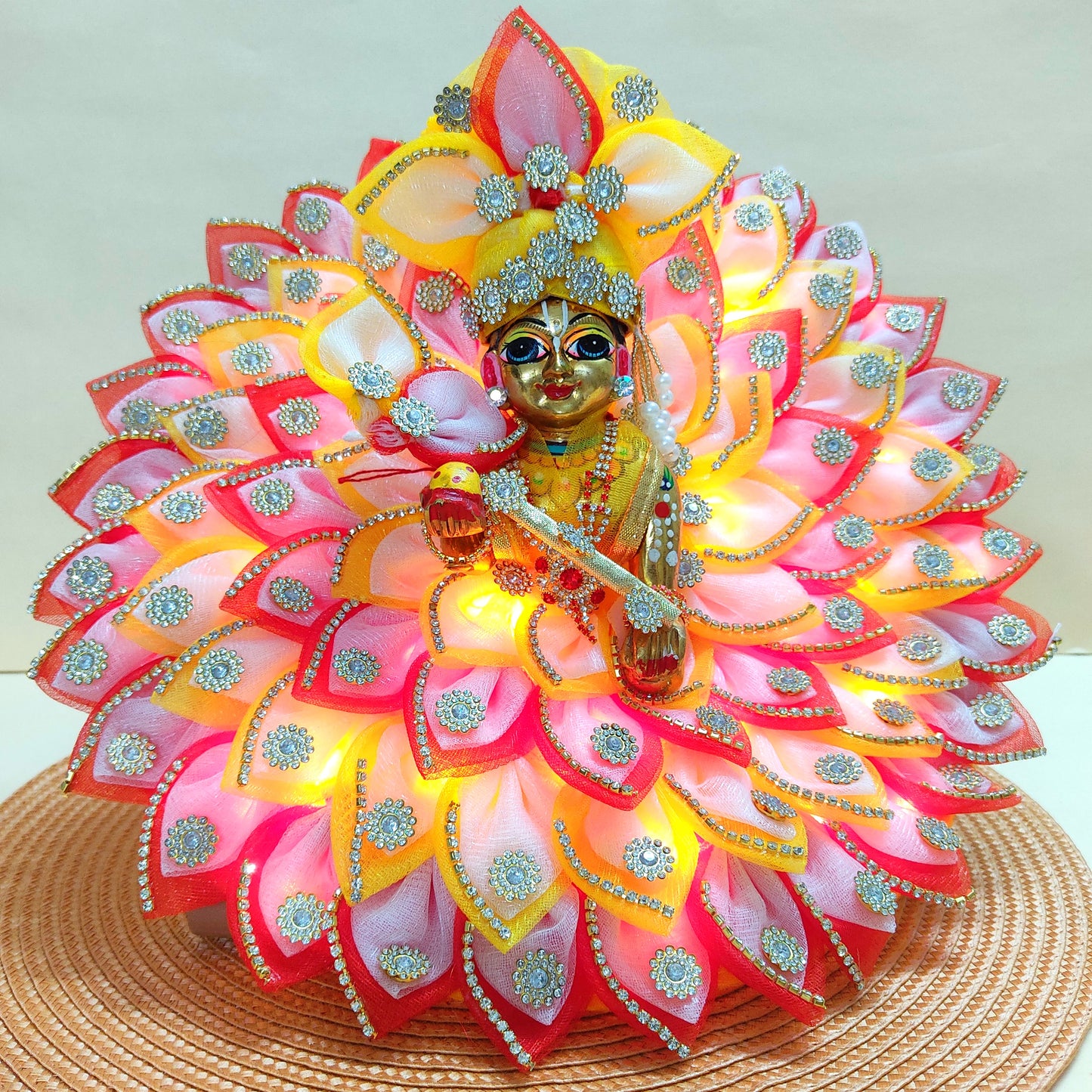 Diwali Special LED Light Up Kanha ji Dress – Two-In-One Fancy Red & Yellow Laddu Gopal Dress with Mukut, Pataka Set, Bansuri & Full Shringar Set