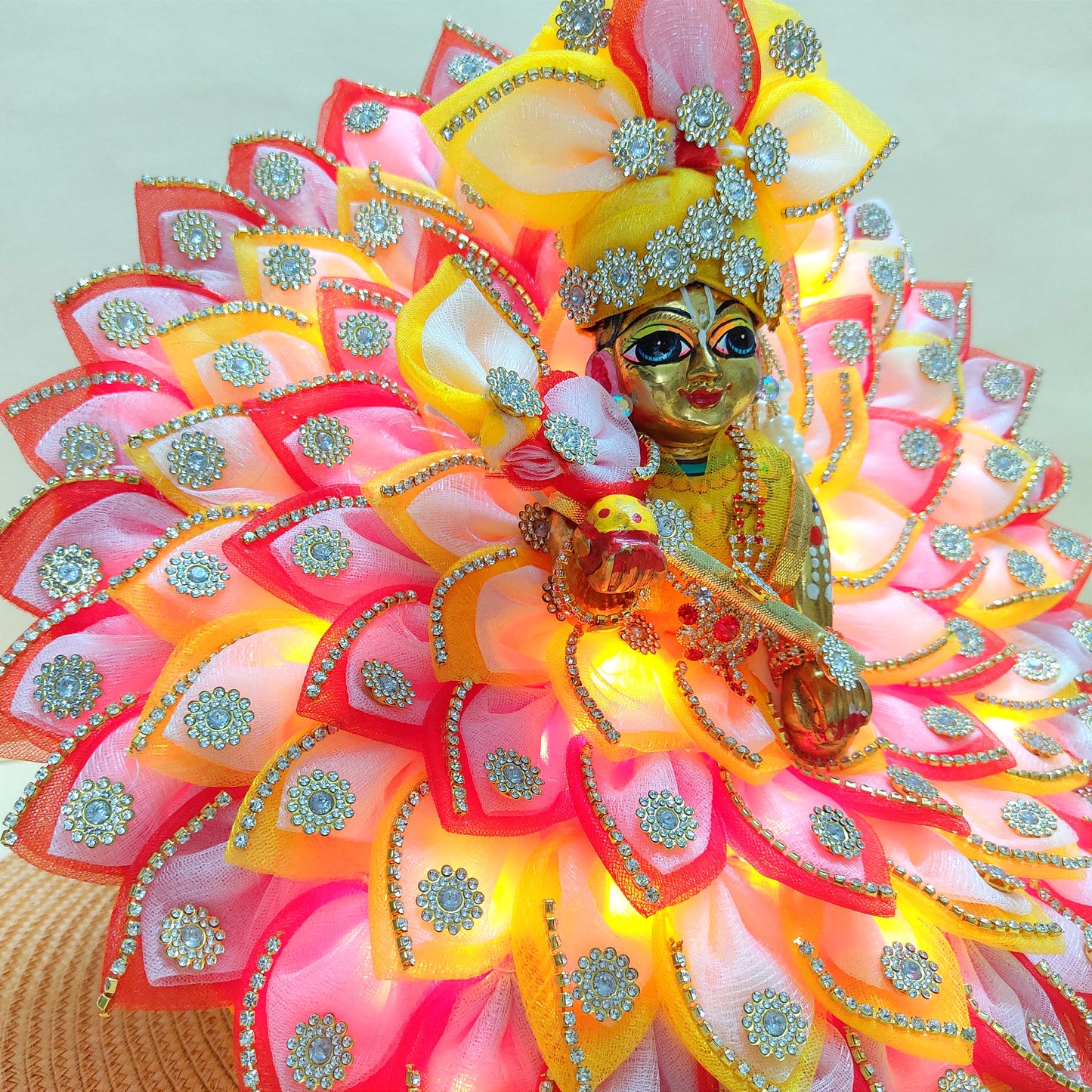 Diwali Special LED Light Up Kanha ji Dress – Two-In-One Fancy Red & Yellow Laddu Gopal Dress with Mukut, Pataka Set, Bansuri & Full Shringar Set