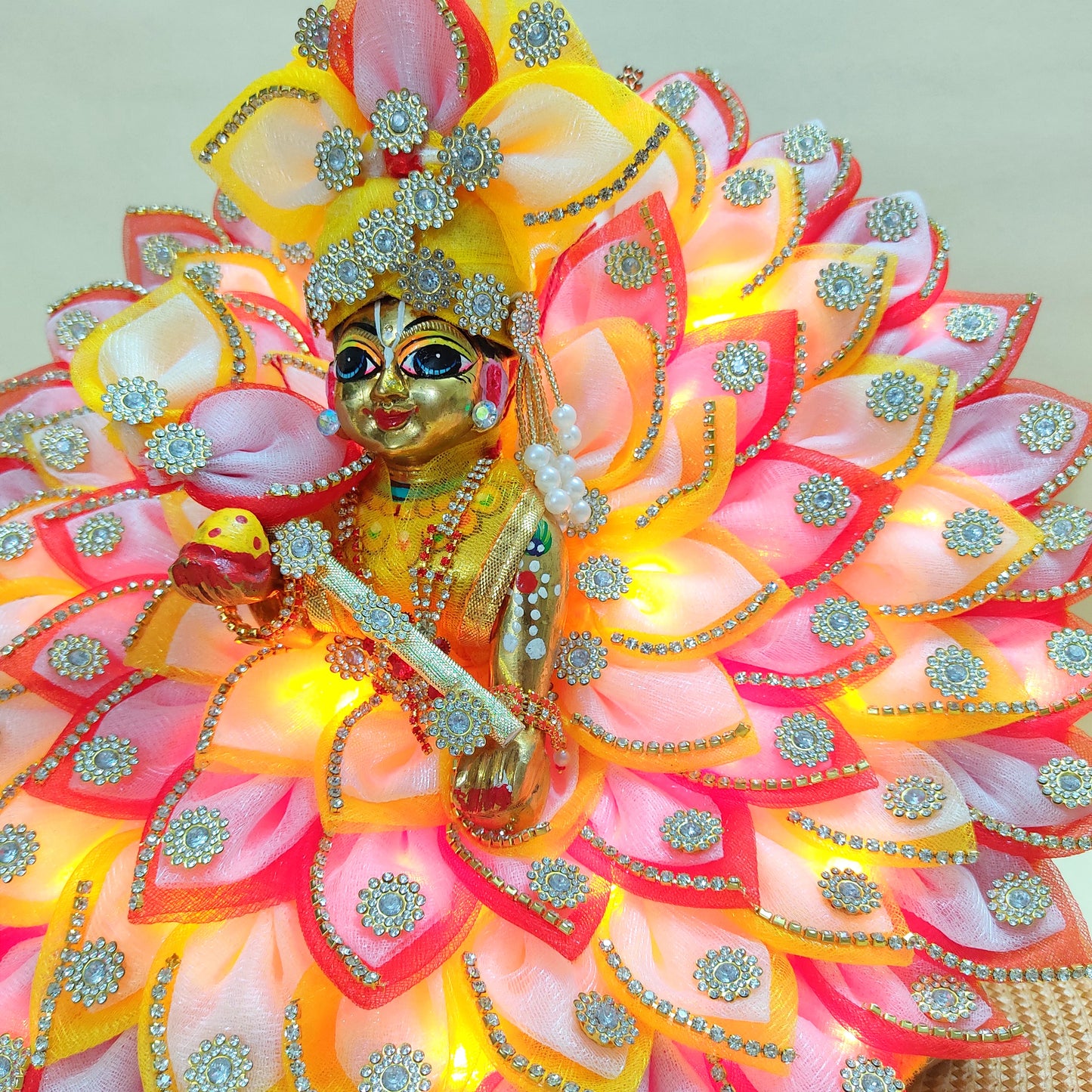 Diwali Special LED Light Up Kanha ji Dress – Two-In-One Fancy Red & Yellow Laddu Gopal Dress with Mukut, Pataka Set, Bansuri & Full Shringar Set