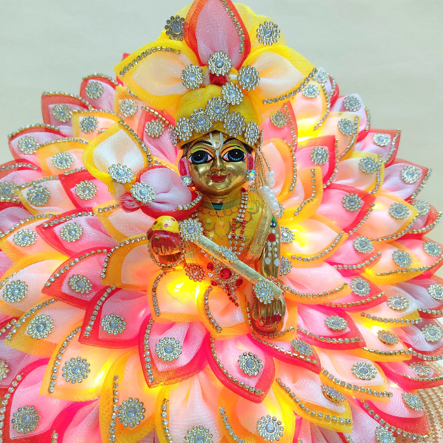 Diwali Special LED Light Up Kanha ji Dress – Two-In-One Fancy Red & Yellow Laddu Gopal Dress with Mukut, Pataka Set, Bansuri & Full Shringar Set