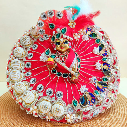 Luxury Diwali Red Kanha Ji Poshak with 3D Pearl Balls, Zari Peacock Patches & Diamond Chain Work with Matching Mukut, Pataka Set, Bansuri & A Surprise Gift.