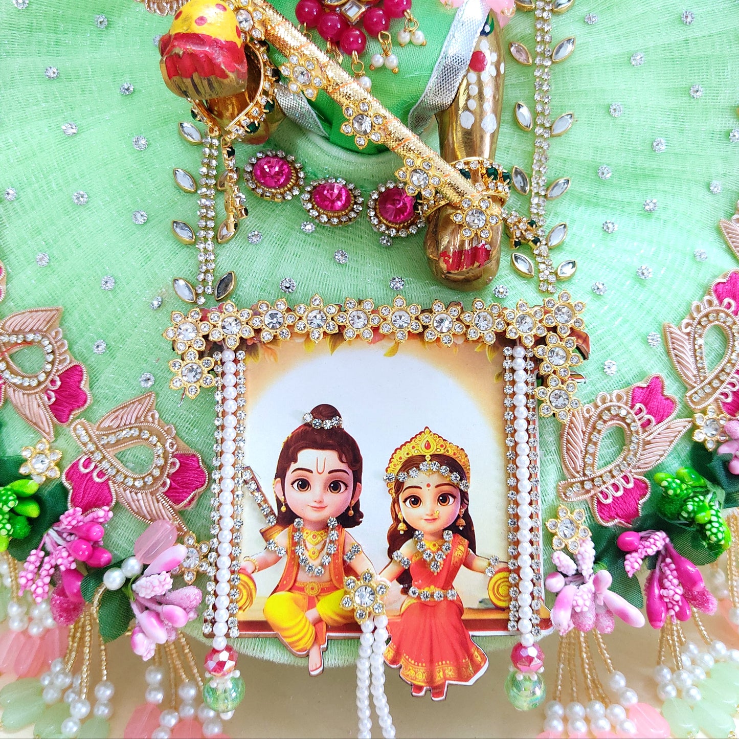 Ram-Sita Ji Jhula Dress – Diwali Special Laddu Gopal Green Color Dress  with Matching Mukut, Pataka Set, Bansuri & A Surprise Gift.
