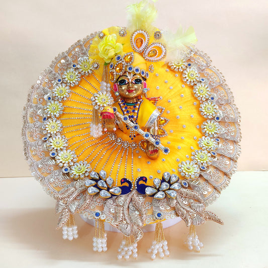 Diwali Laddu Gopal Dress with Peacock Patches & Intricate Golden Lace Work with Mukut, Pataka Set, Bansuri & Full Shringar Set