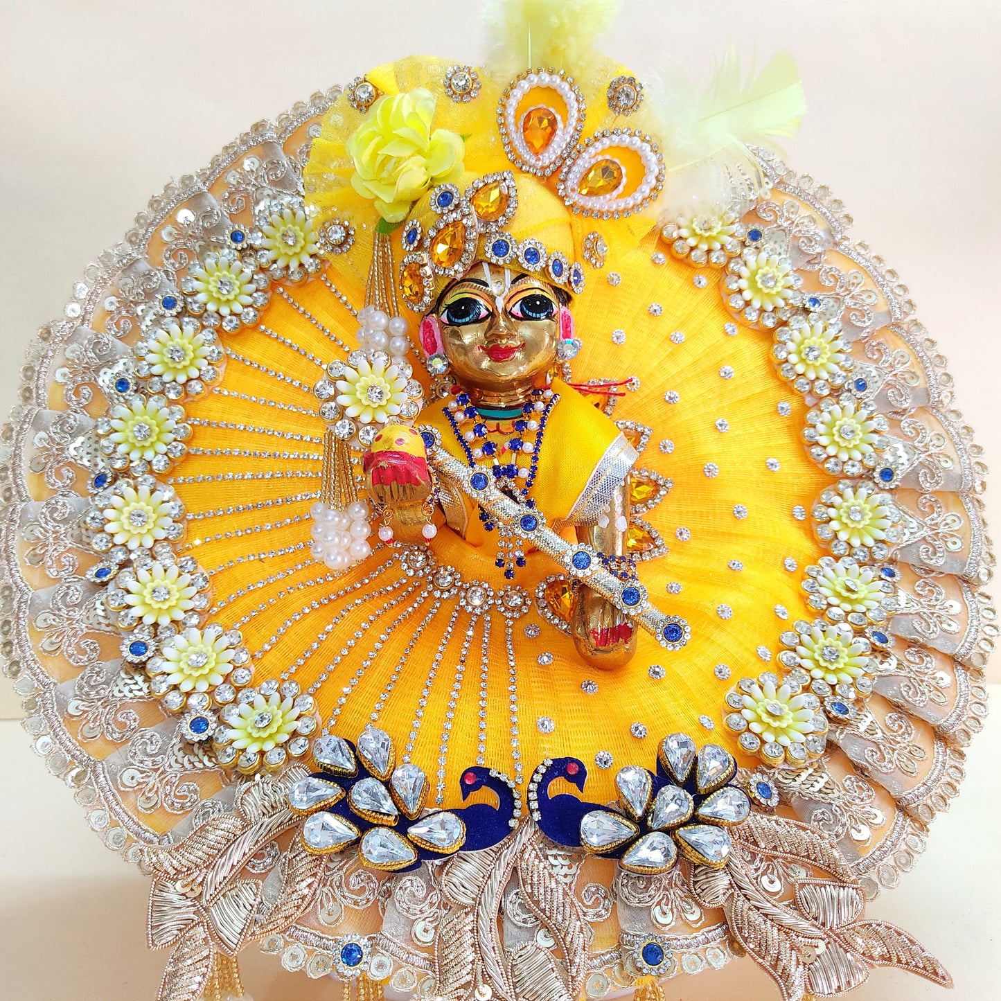 Diwali Laddu Gopal Dress with Peacock Patches & Intricate Golden Lace Work with Mukut, Pataka Set, Bansuri & Full Shringar Set