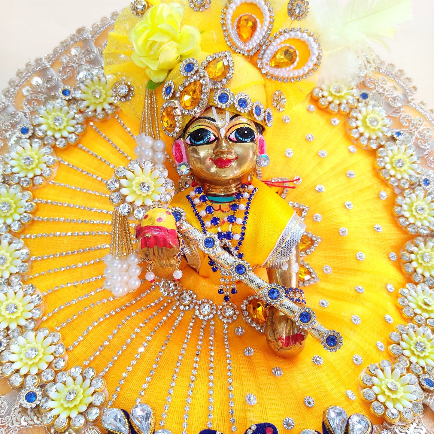 Diwali Laddu Gopal Dress with Peacock Patches & Intricate Golden Lace Work with Mukut, Pataka Set, Bansuri & Full Shringar Set