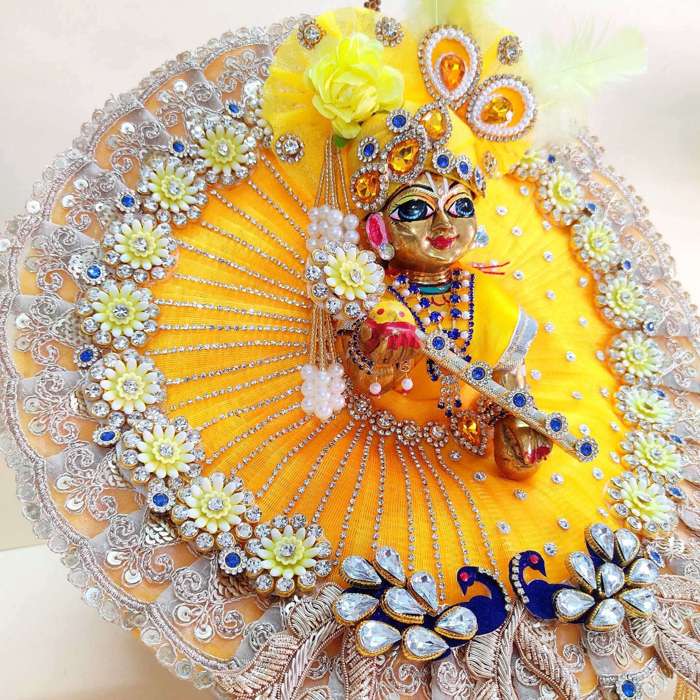 Diwali Laddu Gopal Dress with Peacock Patches & Intricate Golden Lace Work with Mukut, Pataka Set, Bansuri & Full Shringar Set