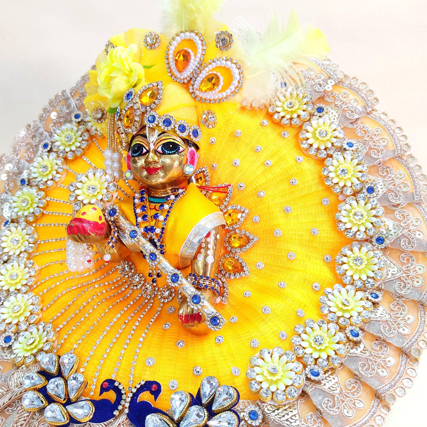 Diwali Laddu Gopal Dress with Peacock Patches & Intricate Golden Lace Work with Mukut, Pataka Set, Bansuri & Full Shringar Set