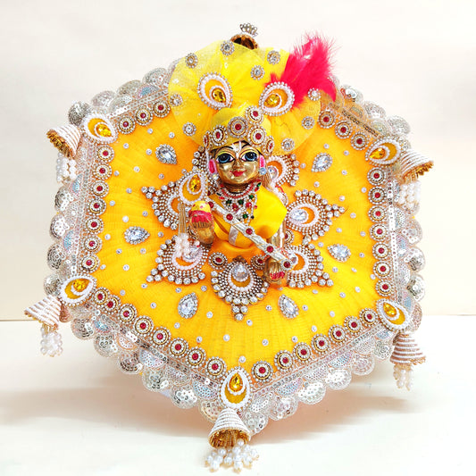 Royal Yellow Krishna Dress – Hexagon Poshak with Handmade Patches with Mukut, Pataka Set, Bansuri & Full Shringar Set