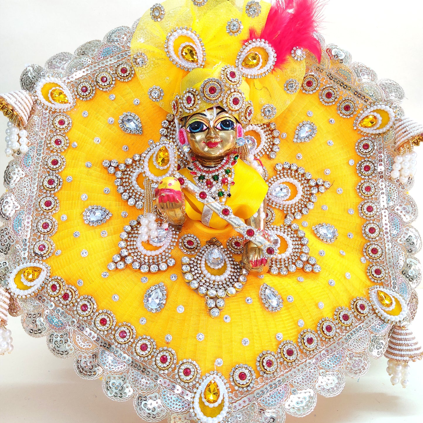 Royal Yellow Krishna Dress – Hexagon Poshak with Handmade Patches with Mukut, Pataka Set, Bansuri & Full Shringar Set