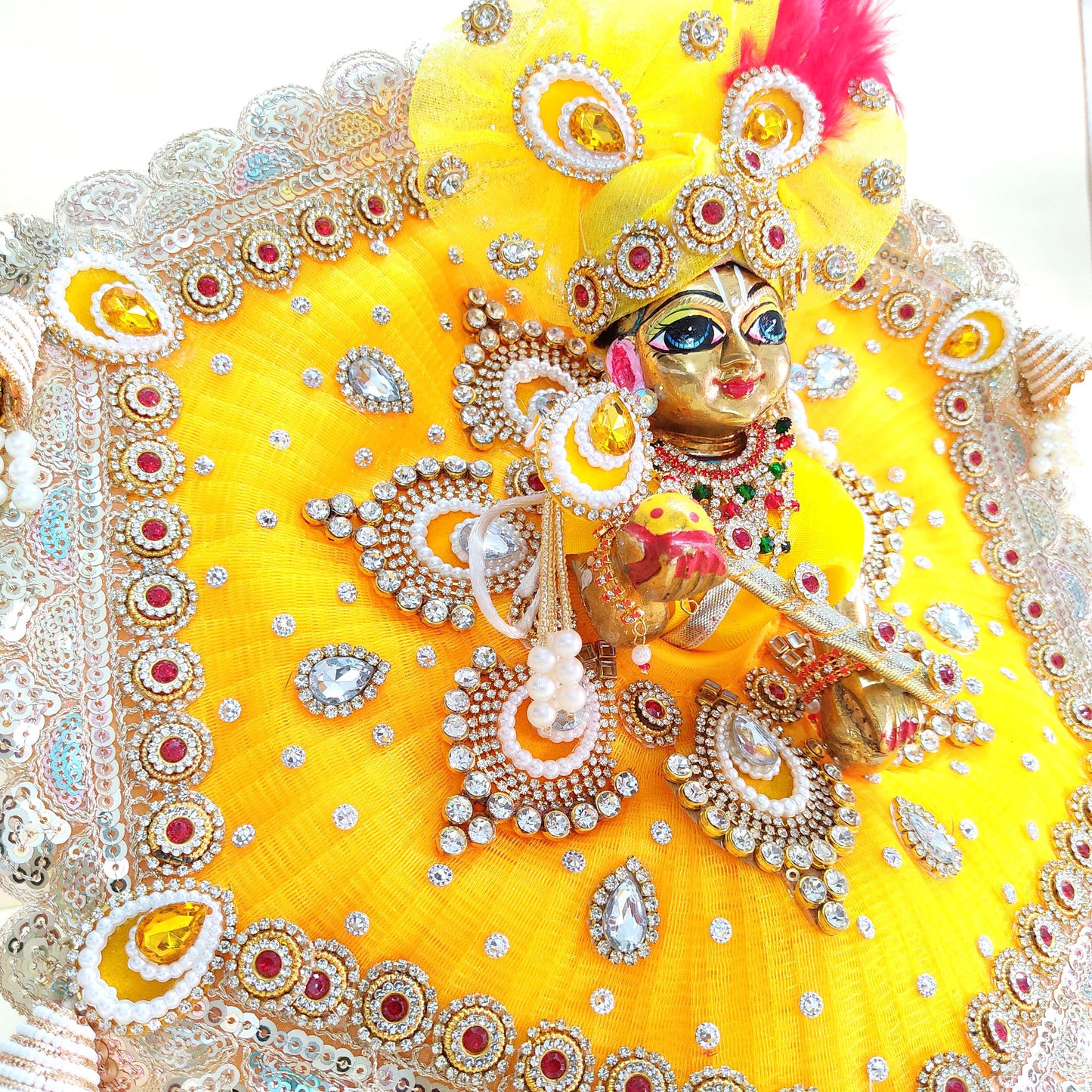 Royal Yellow Krishna Dress – Hexagon Poshak with Handmade Patches with Mukut, Pataka Set, Bansuri & Full Shringar Set