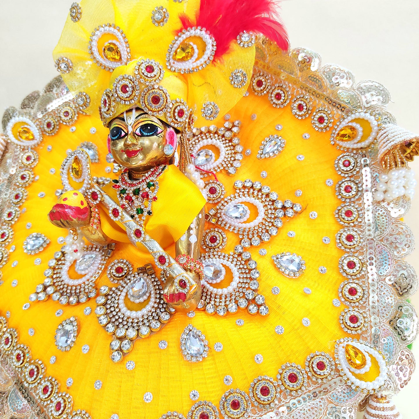 Royal Yellow Krishna Dress – Hexagon Poshak with Handmade Patches with Mukut, Pataka Set, Bansuri & Full Shringar Set