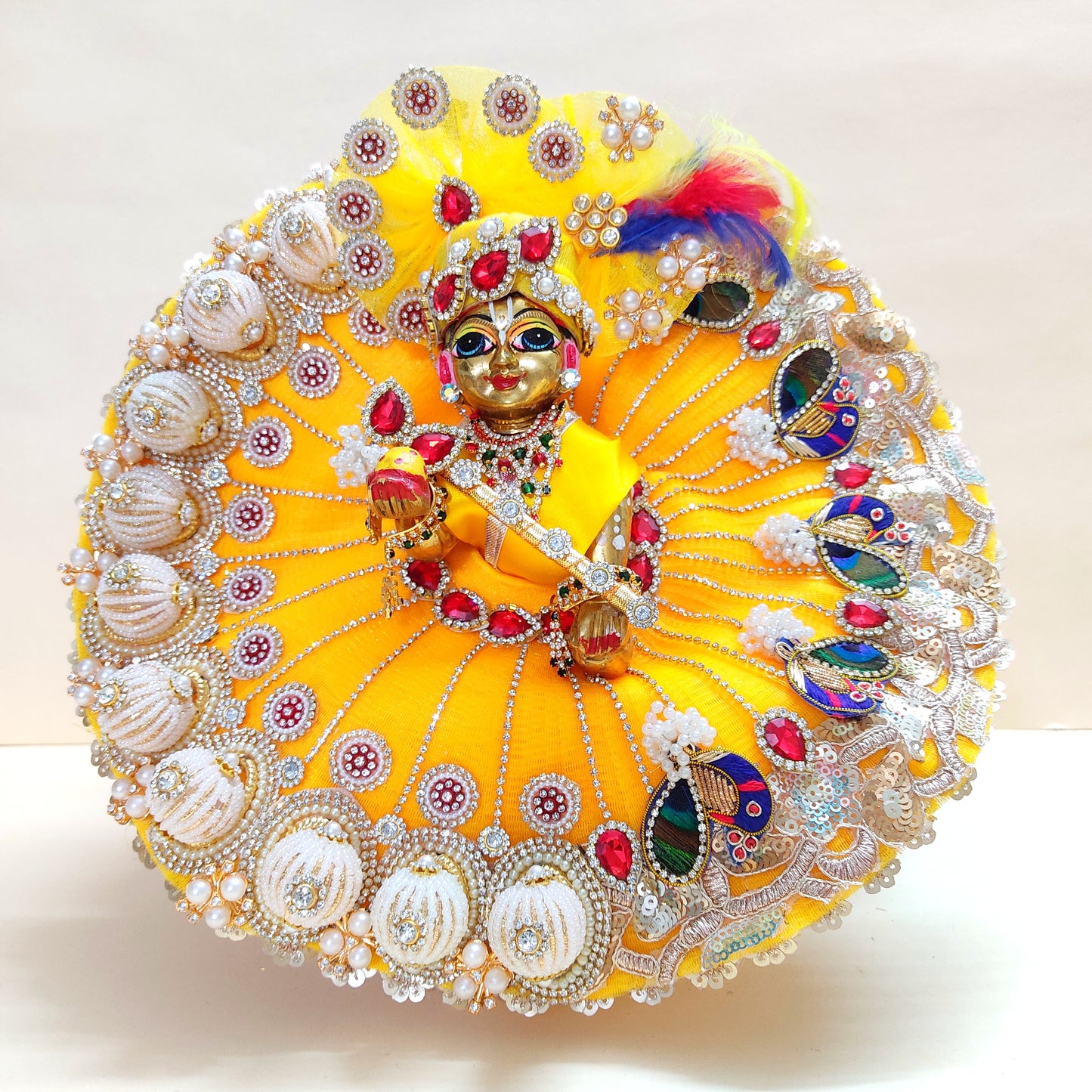 Diwali Special Yellow Laddu Gopal Poshak with 3D Pearl Balls, Zari Peacock Patches & Diamond Chain Work with Matching Mukut, Pataka Set, Bansuri & A Surprise Gift.